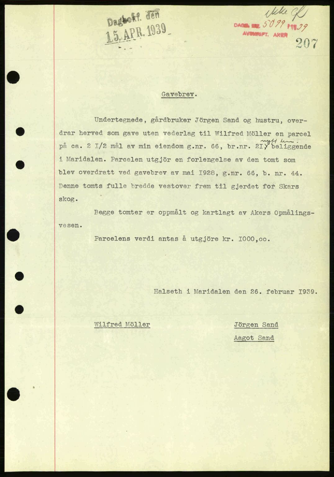 Aker herredsskriveri, AV/SAO-A-10896/G/Gb/Gba/Gbab/L0030: Mortgage book no. A158-159, 1939-1939, Diary no: : 5099/1939