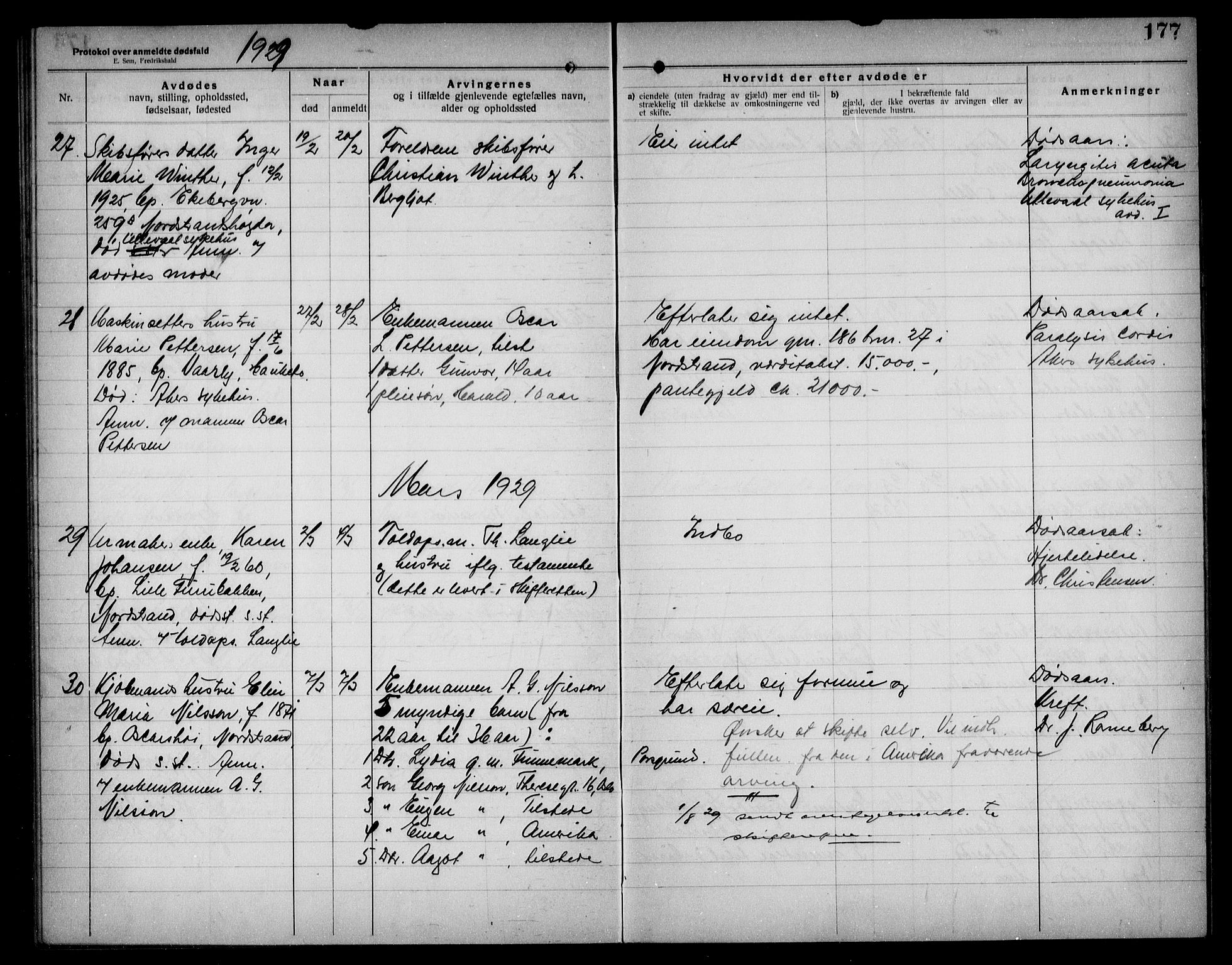 Aker kriminaldommer, skifte- og auksjonsforvalterembete, AV/SAO-A-10452/H/Hb/Hba/Hbad/L0001: Dødsfallsprotokoll for Nordstrand, 1922-1929, p. 177