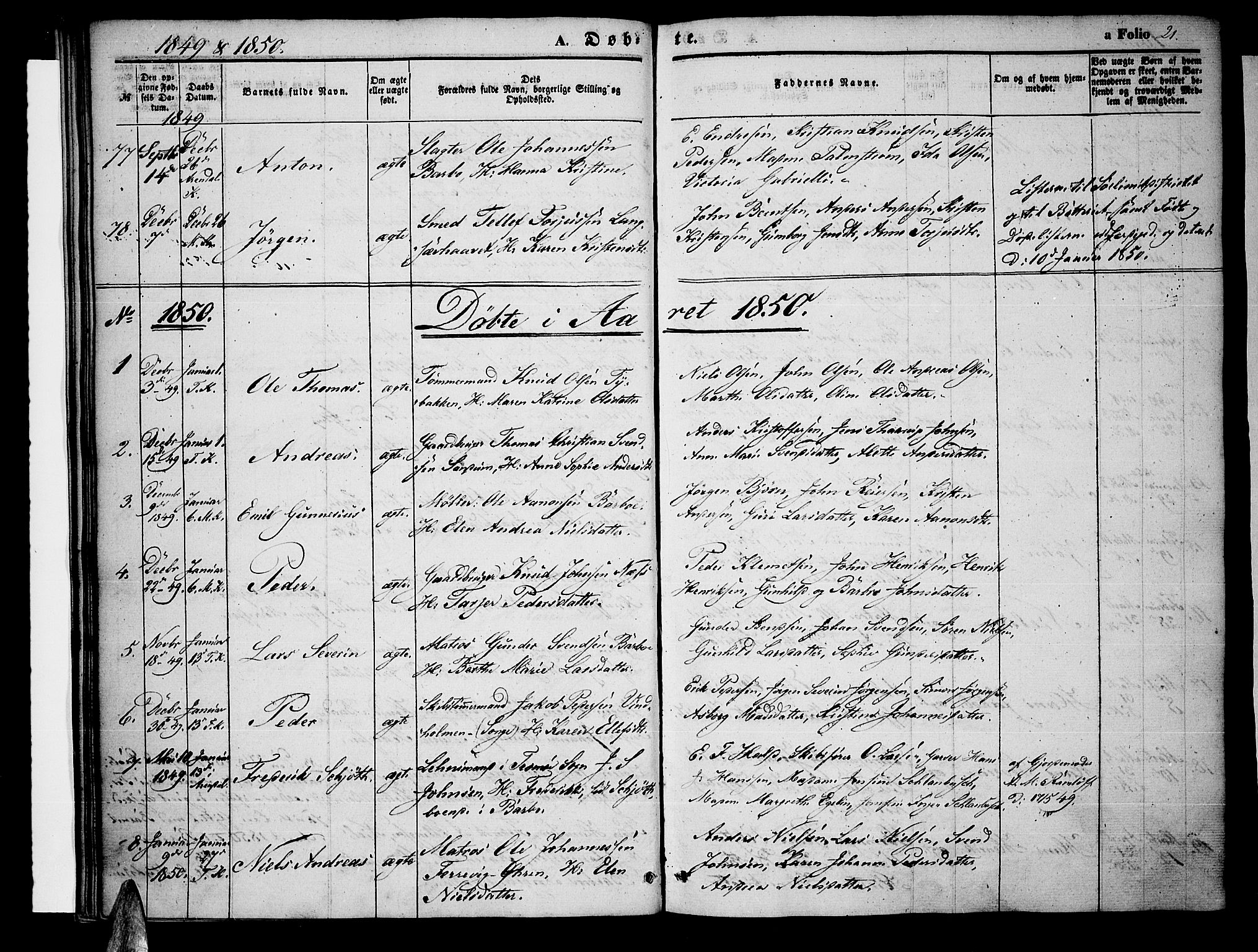 Tromøy sokneprestkontor, SAK/1111-0041/F/Fa/L0005: Parish register (official) no. A 5, 1847-1856, p. 21