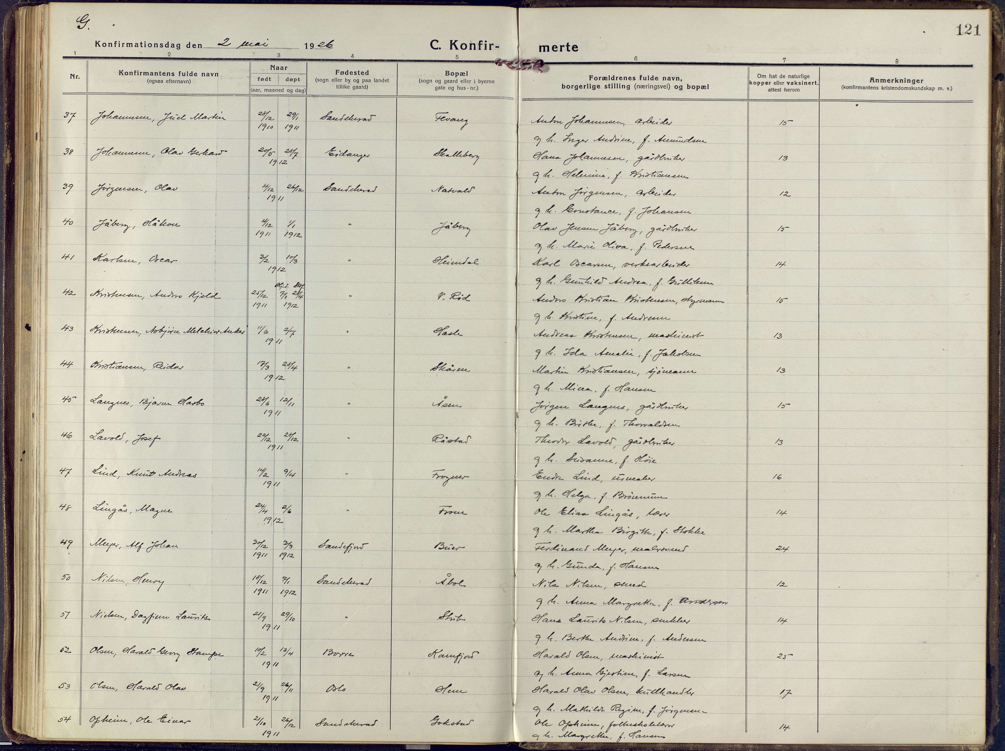 Sandar kirkebøker, SAKO/A-243/F/Fa/L0018: Parish register (official) no. 18, 1917-1926, p. 121