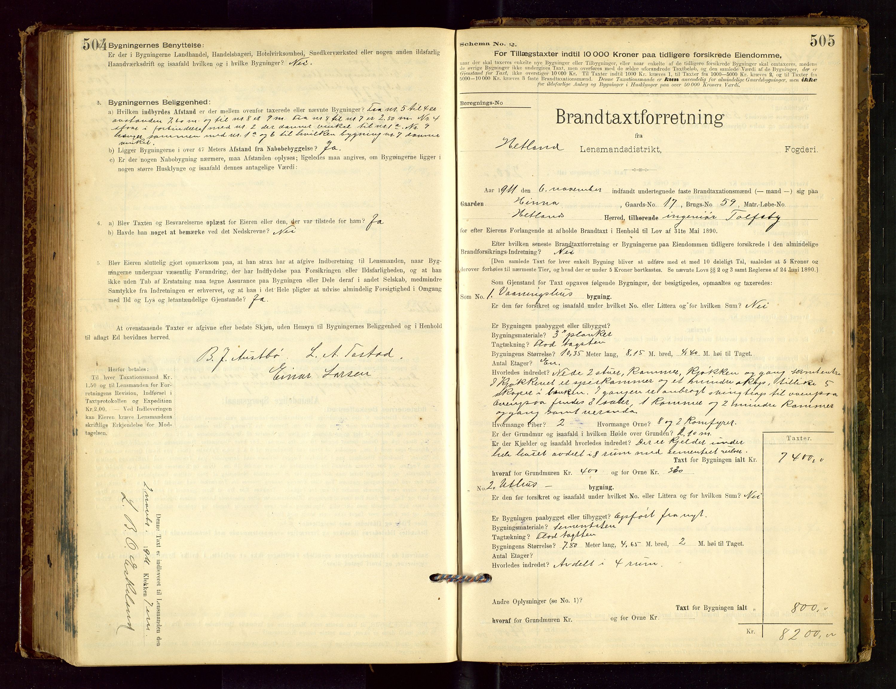Hetland lensmannskontor, SAST/A-100101/Gob/L0001: "Brandtaxationsprotokol", 1895-1918, p. 504-505