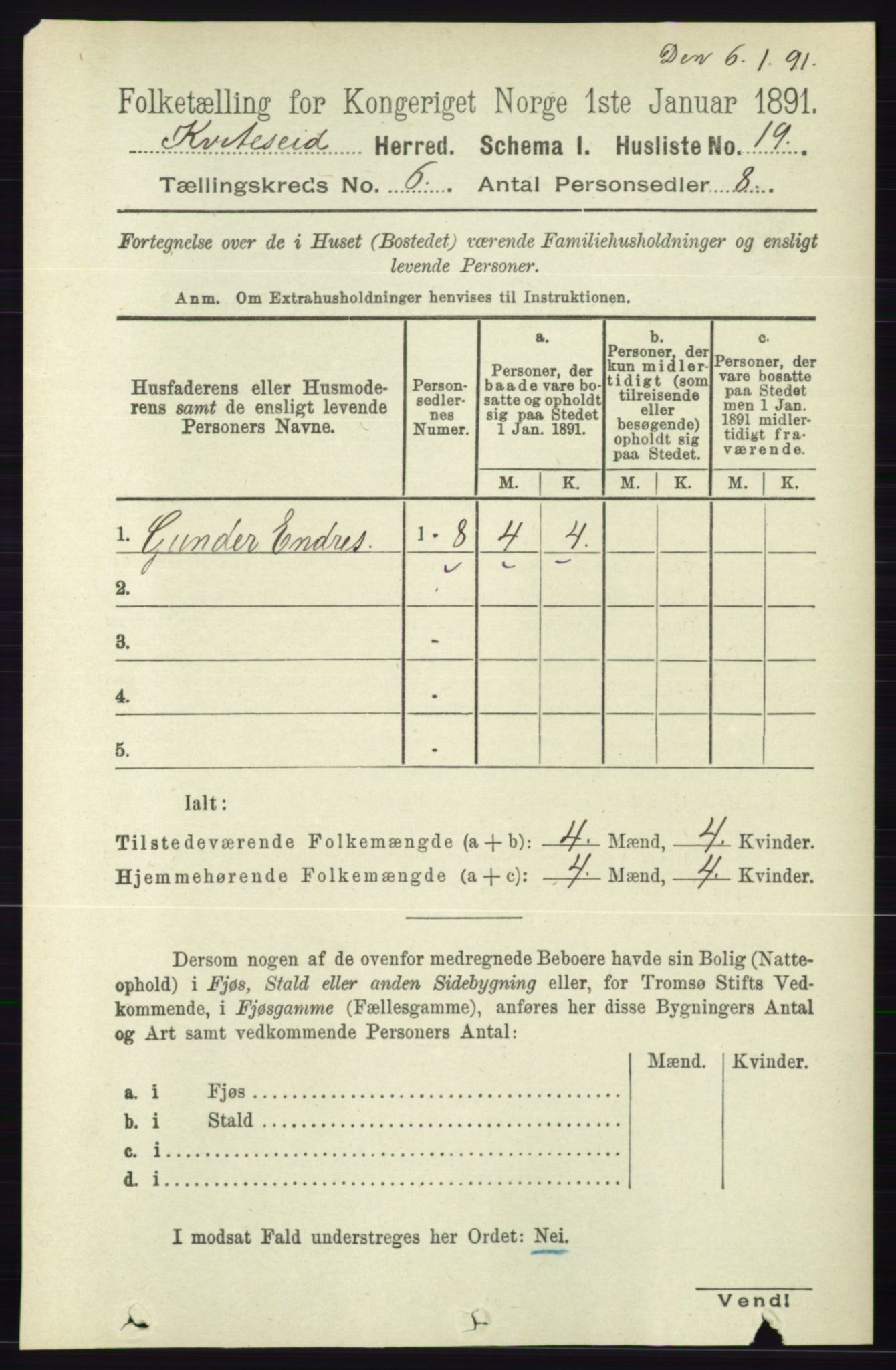 RA, 1891 census for 0829 Kviteseid, 1891, p. 1158