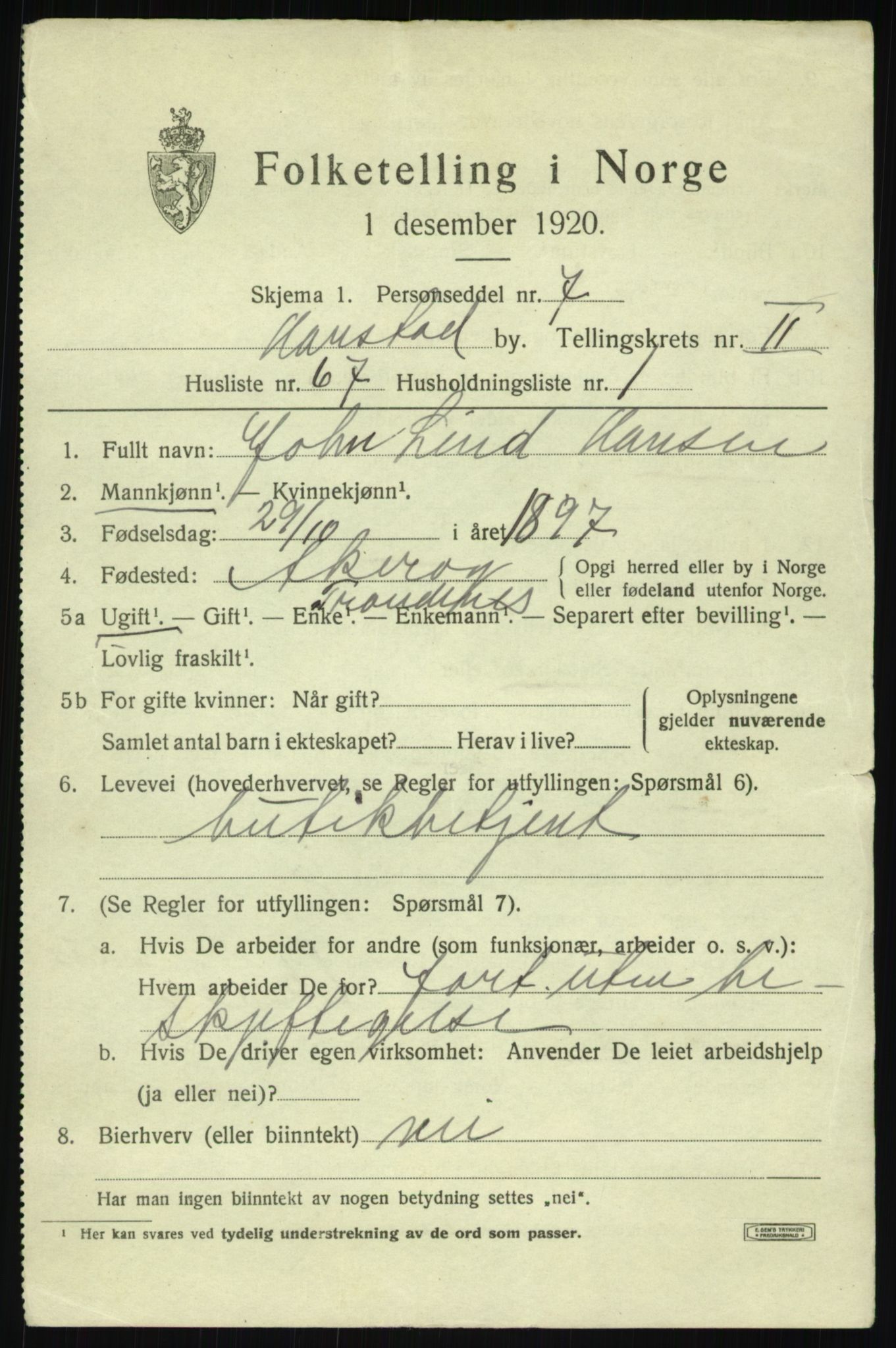 SATØ, 1920 census for Harstad, 1920, p. 4186