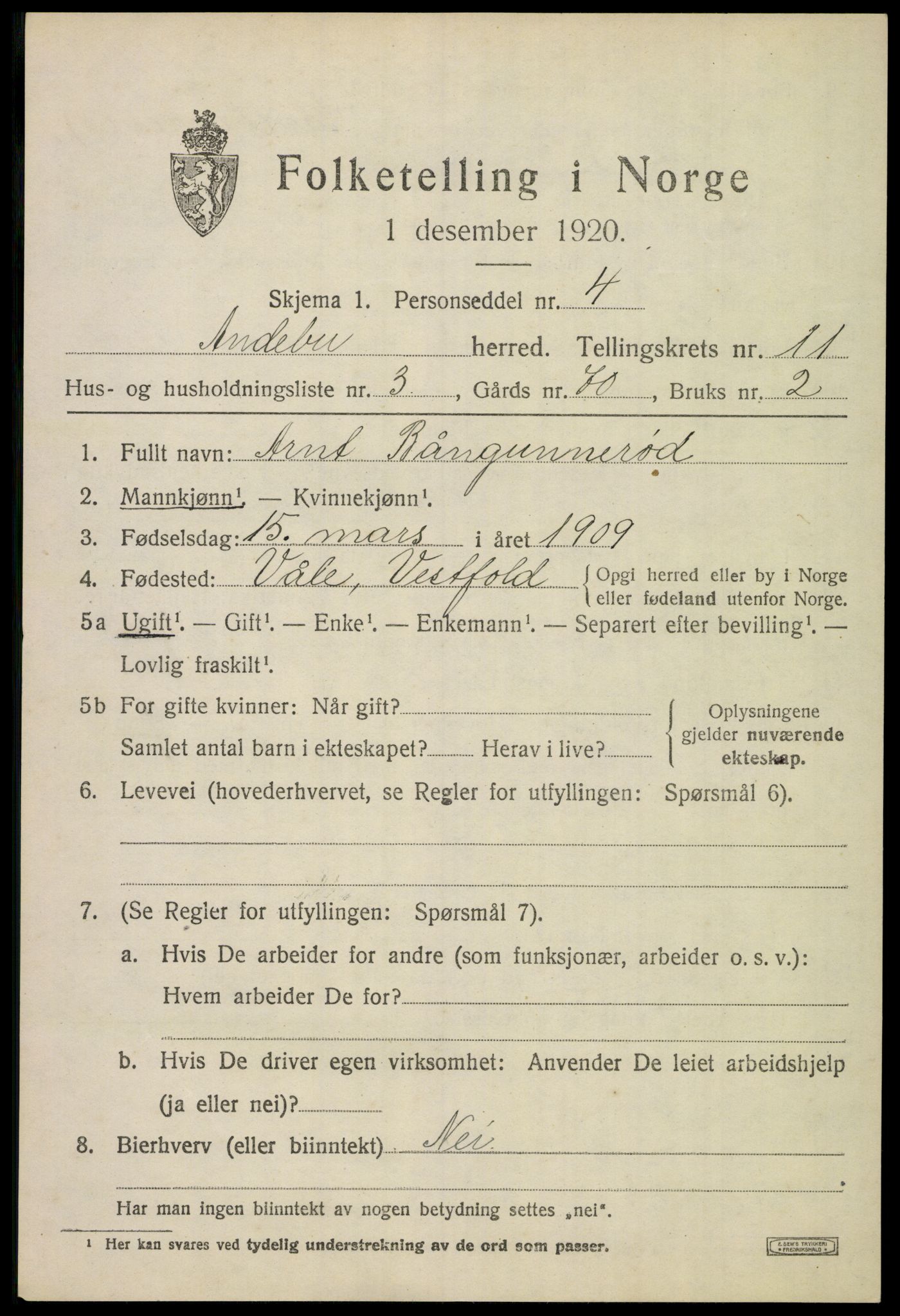 SAKO, 1920 census for Andebu, 1920, p. 4136