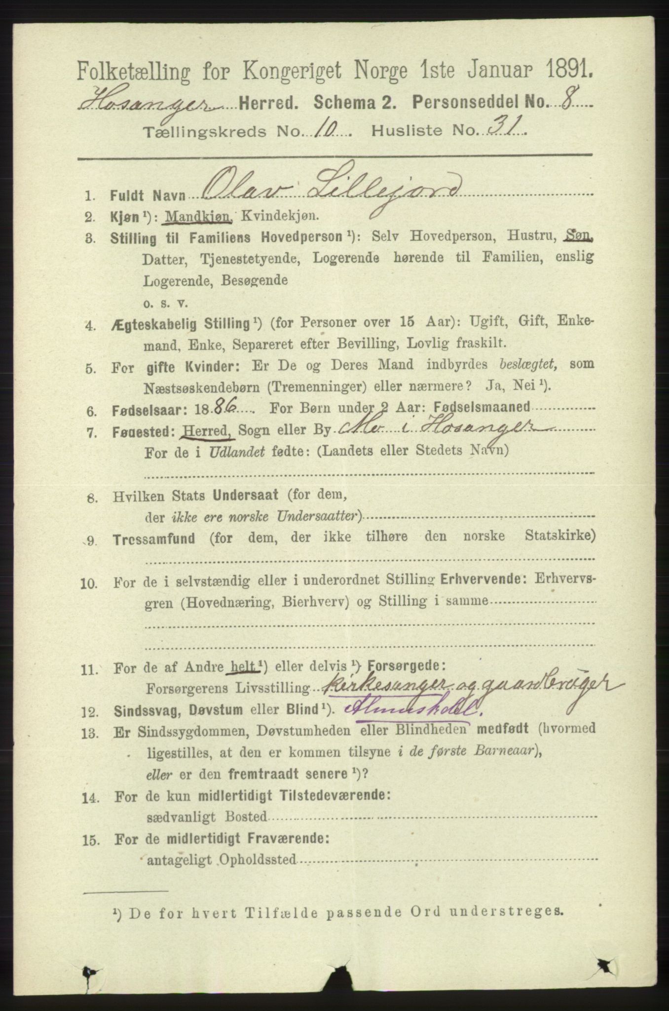 RA, 1891 census for 1253 Hosanger, 1891, p. 3656