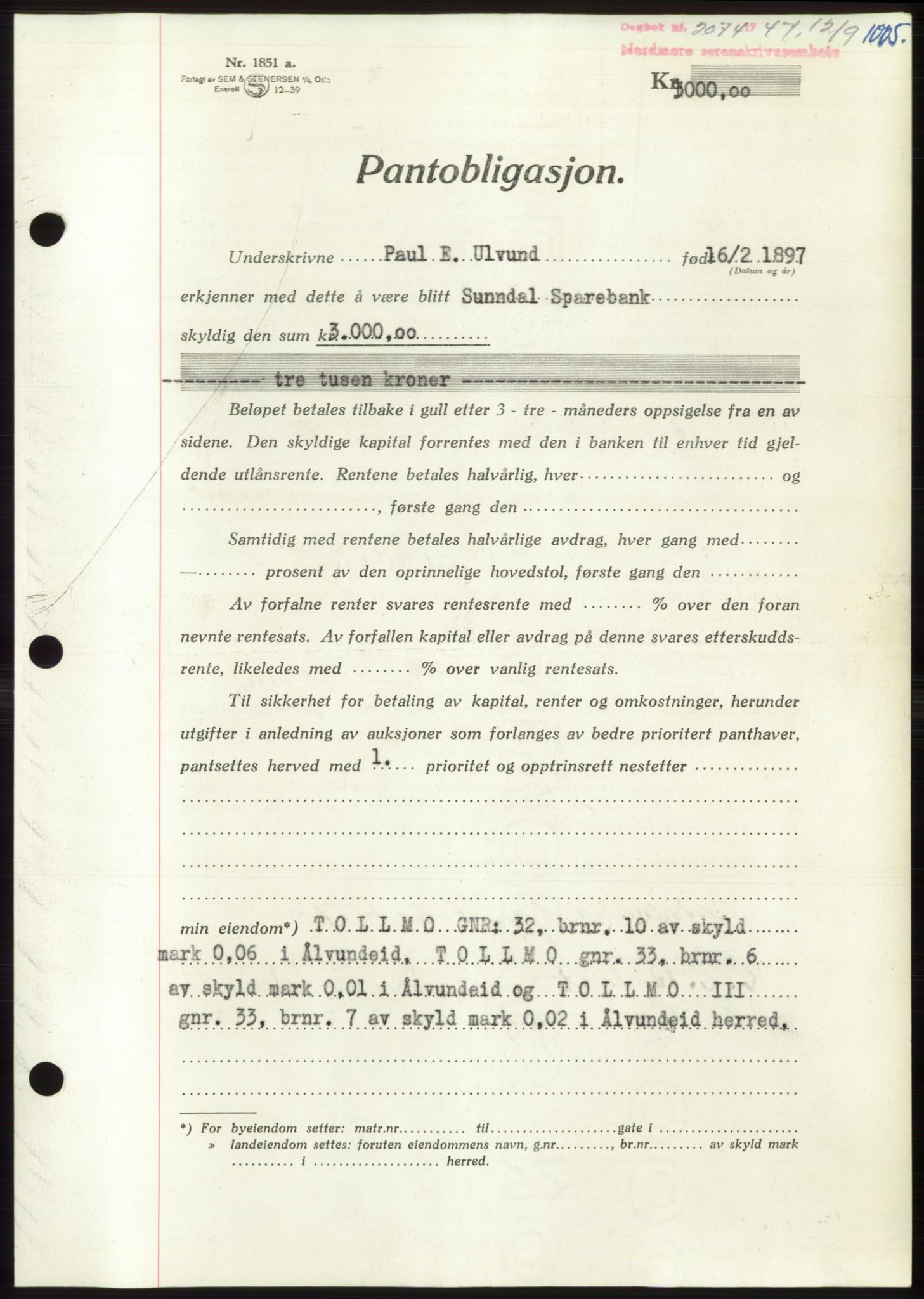 Nordmøre sorenskriveri, AV/SAT-A-4132/1/2/2Ca: Mortgage book no. B96, 1947-1947, Diary no: : 2074/1947