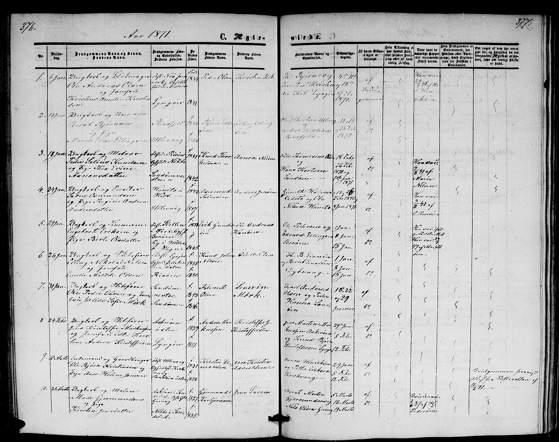 Dypvåg sokneprestkontor, SAK/1111-0007/F/Fb/Fba/L0011: Parish register (copy) no. B 11, 1857-1872, p. 376-377