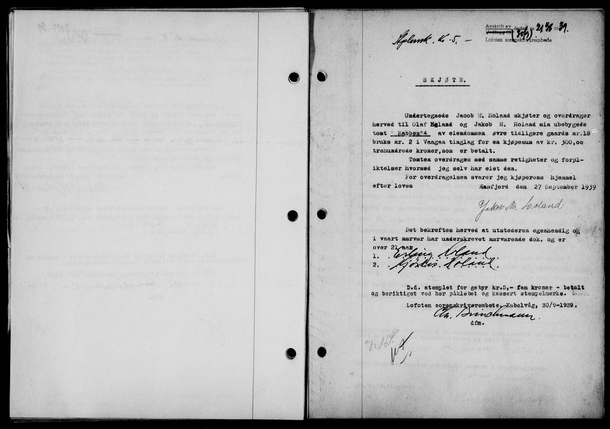 Lofoten sorenskriveri, SAT/A-0017/1/2/2C/L0006a: Mortgage book no. 6a, 1939-1939, Diary no: : 2138/1939