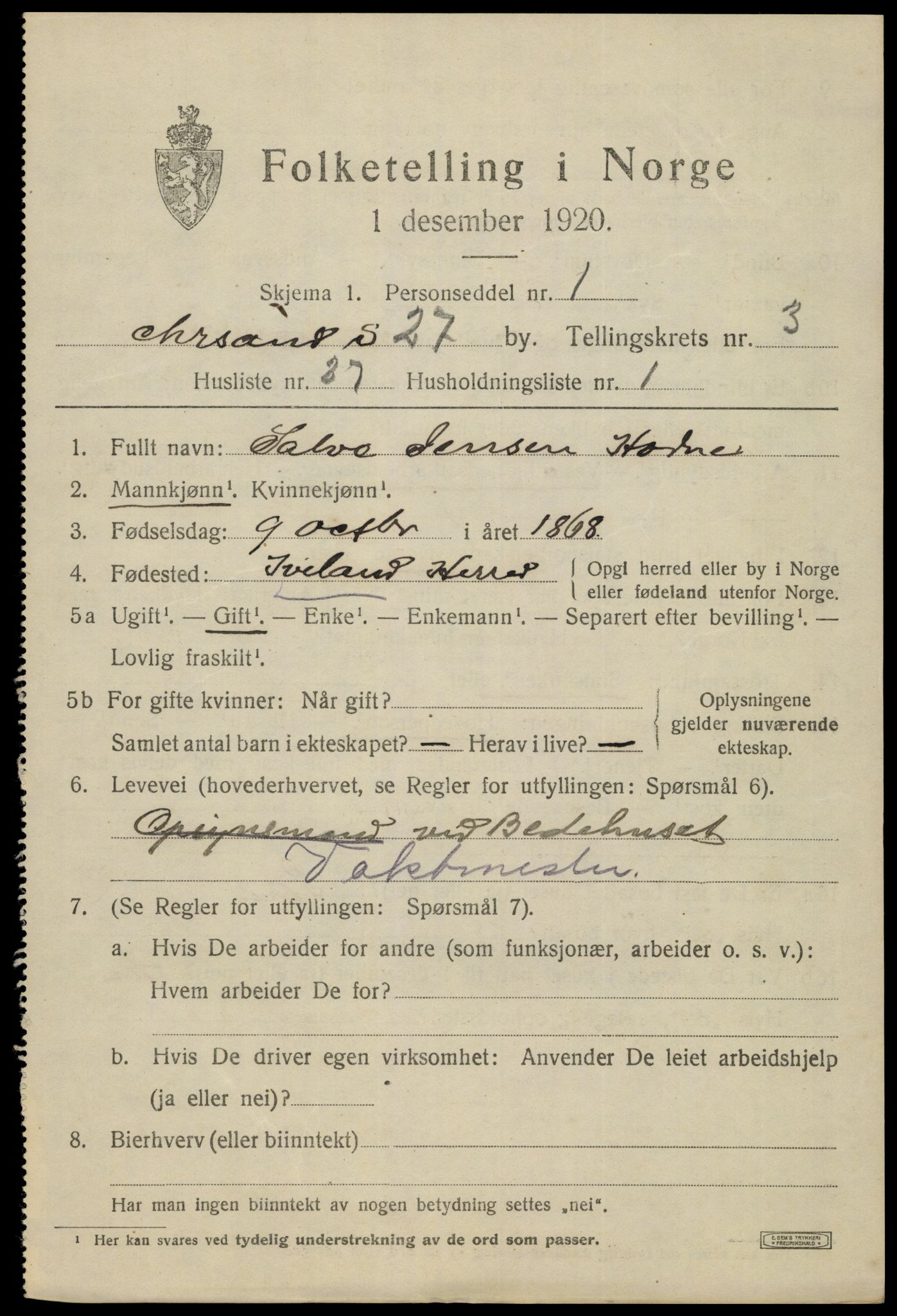 SAK, 1920 census for Kristiansand, 1920, p. 14363