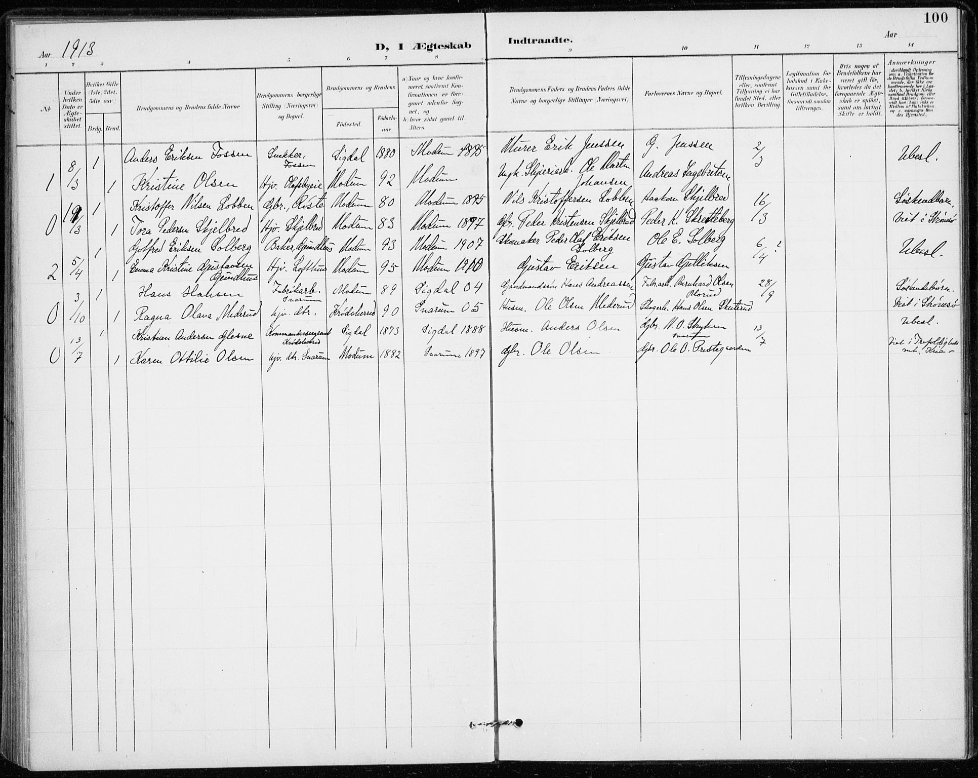 Modum kirkebøker, AV/SAKO-A-234/F/Fa/L0020: Parish register (official) no. 20, 1900-1917, p. 100