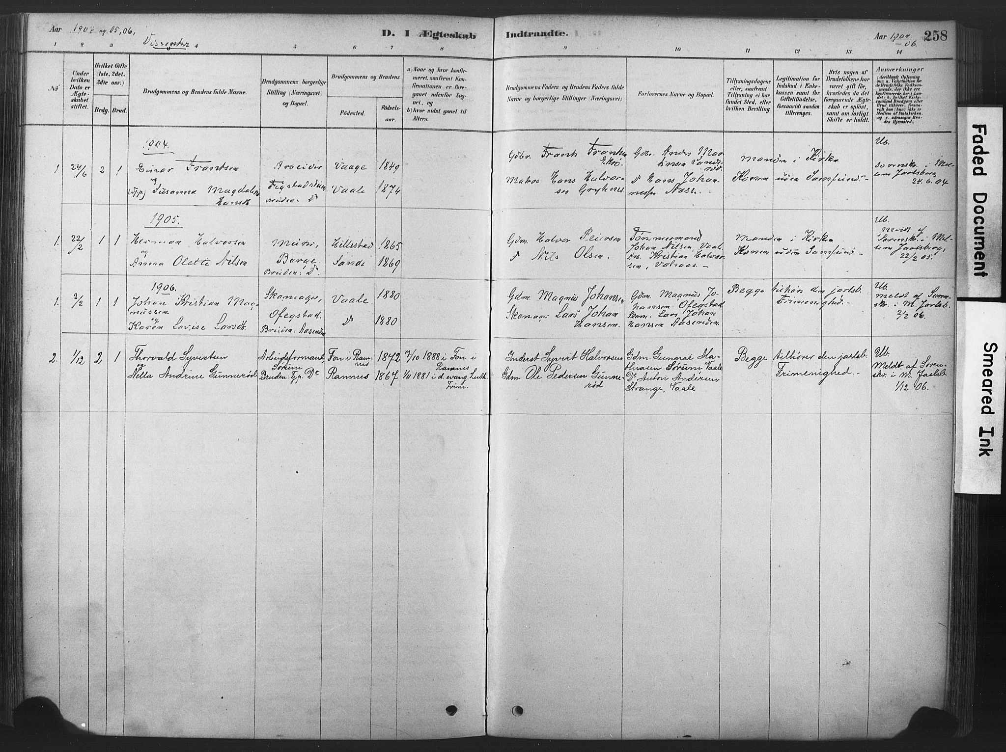 Våle kirkebøker, SAKO/A-334/F/Fa/L0011: Parish register (official) no. I 11, 1878-1906, p. 258