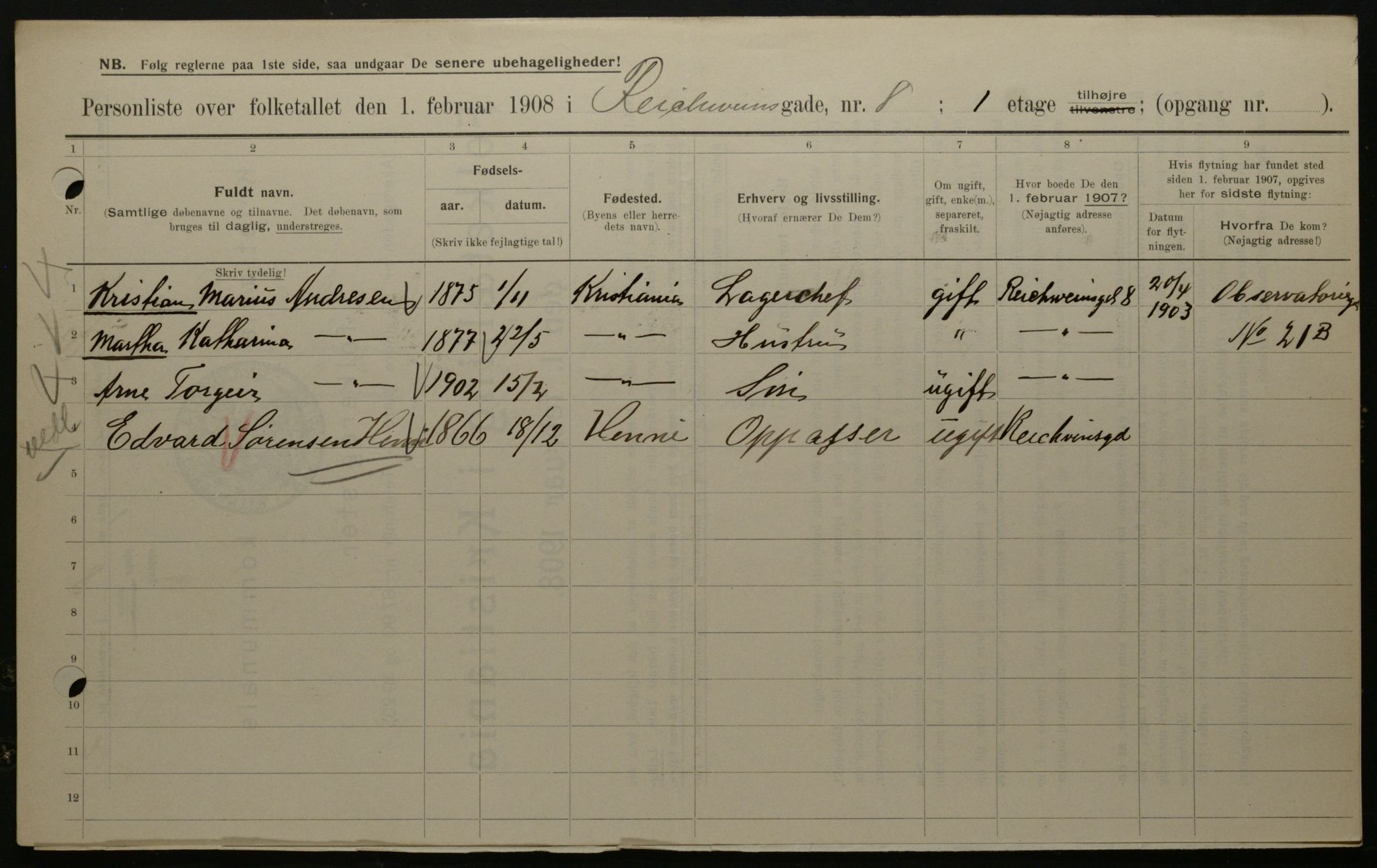 OBA, Municipal Census 1908 for Kristiania, 1908, p. 74443