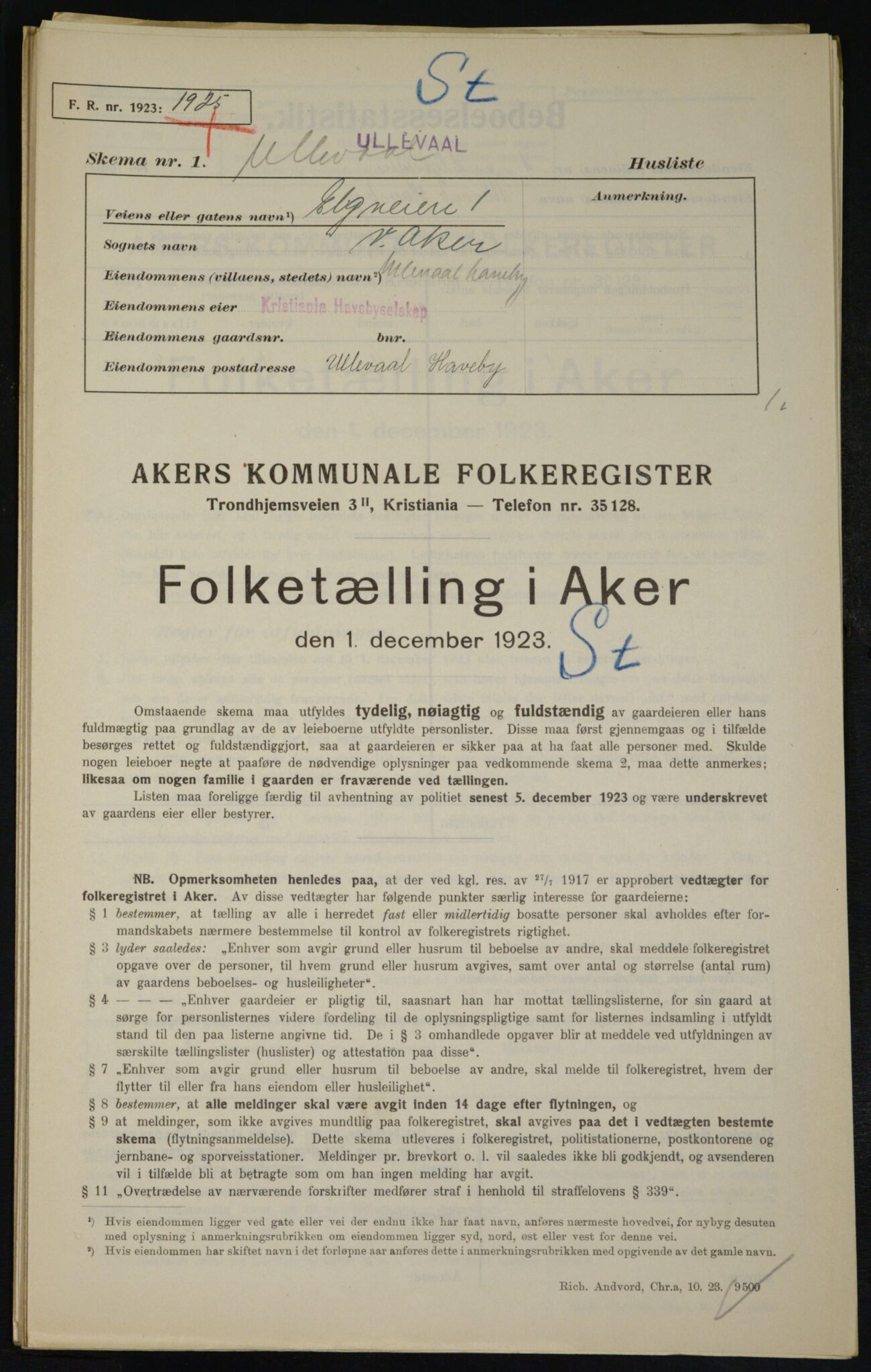 , Municipal Census 1923 for Aker, 1923, p. 20562