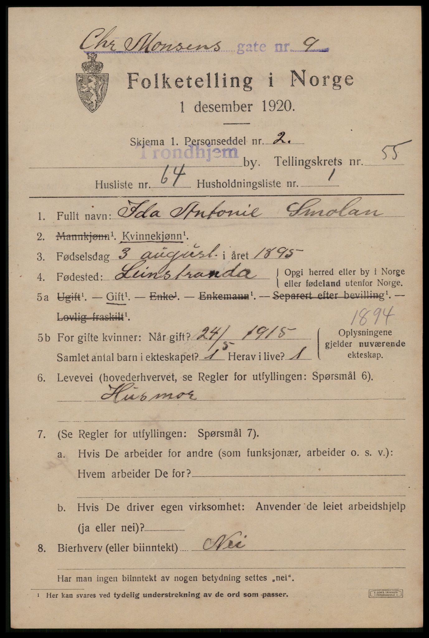 SAT, 1920 census for Trondheim, 1920, p. 113360