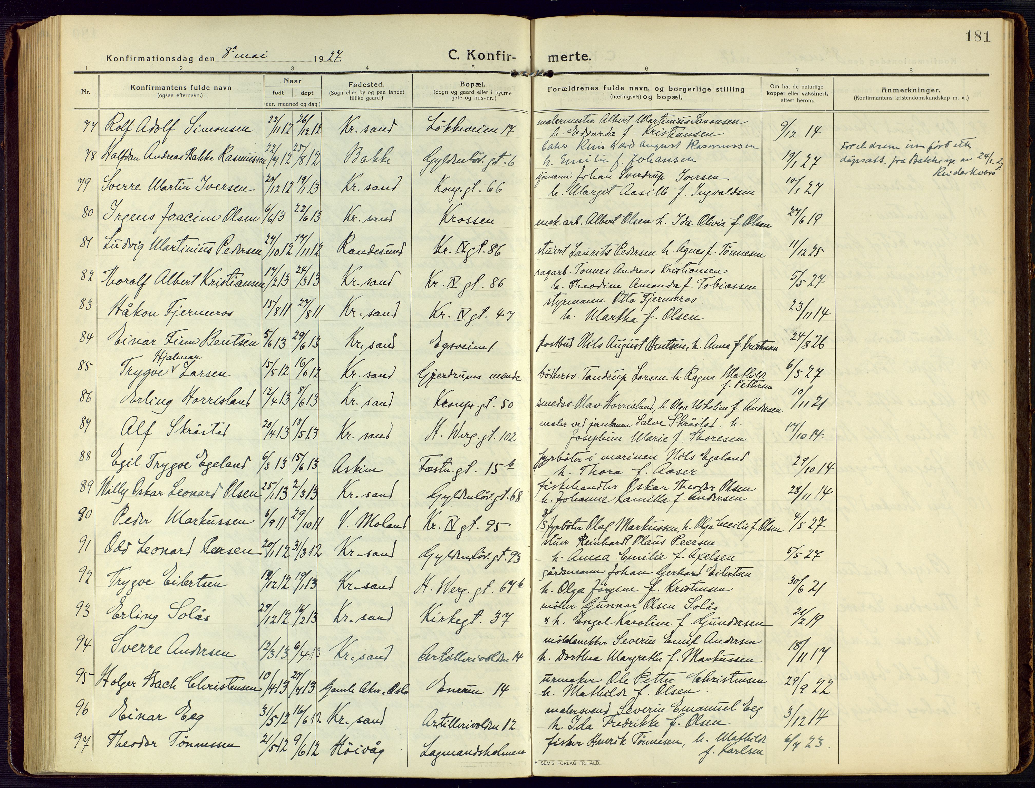 Kristiansand domprosti, SAK/1112-0006/F/Fa/L0026: Parish register (official) no. A 25, 1916-1928, p. 181