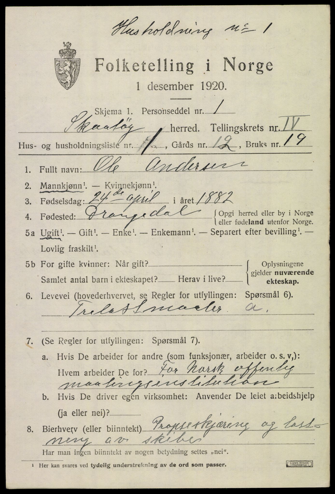 SAKO, 1920 census for Skåtøy, 1920, p. 3128