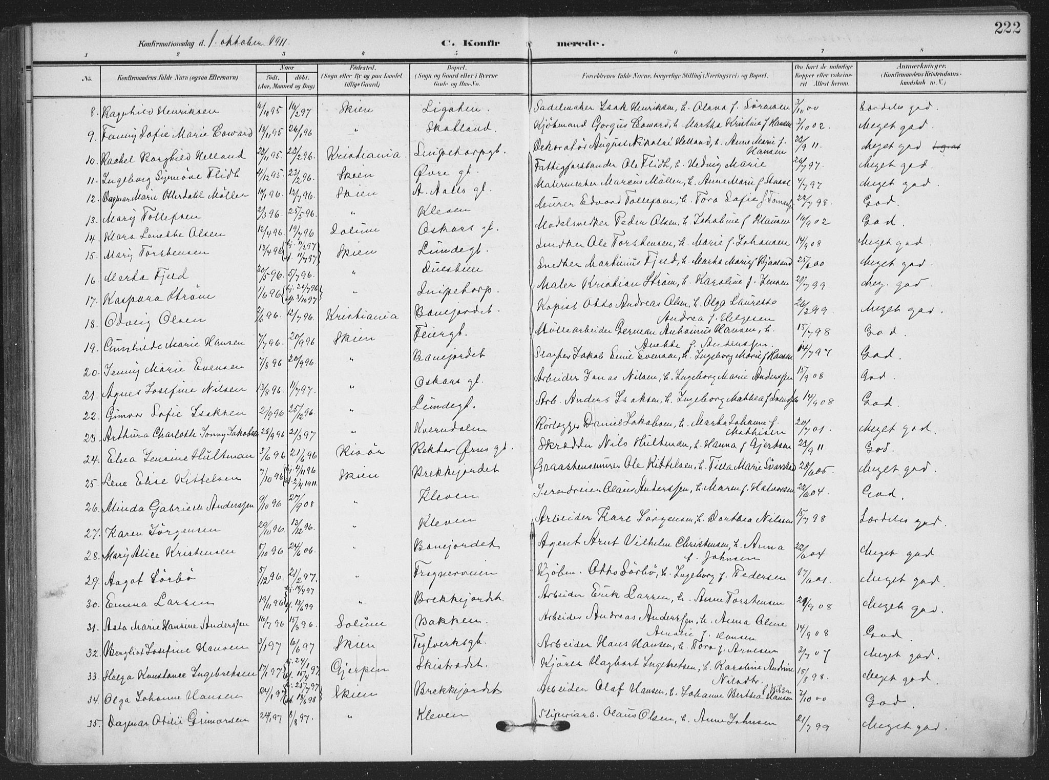 Skien kirkebøker, AV/SAKO-A-302/F/Fa/L0012: Parish register (official) no. 12, 1908-1914, p. 222