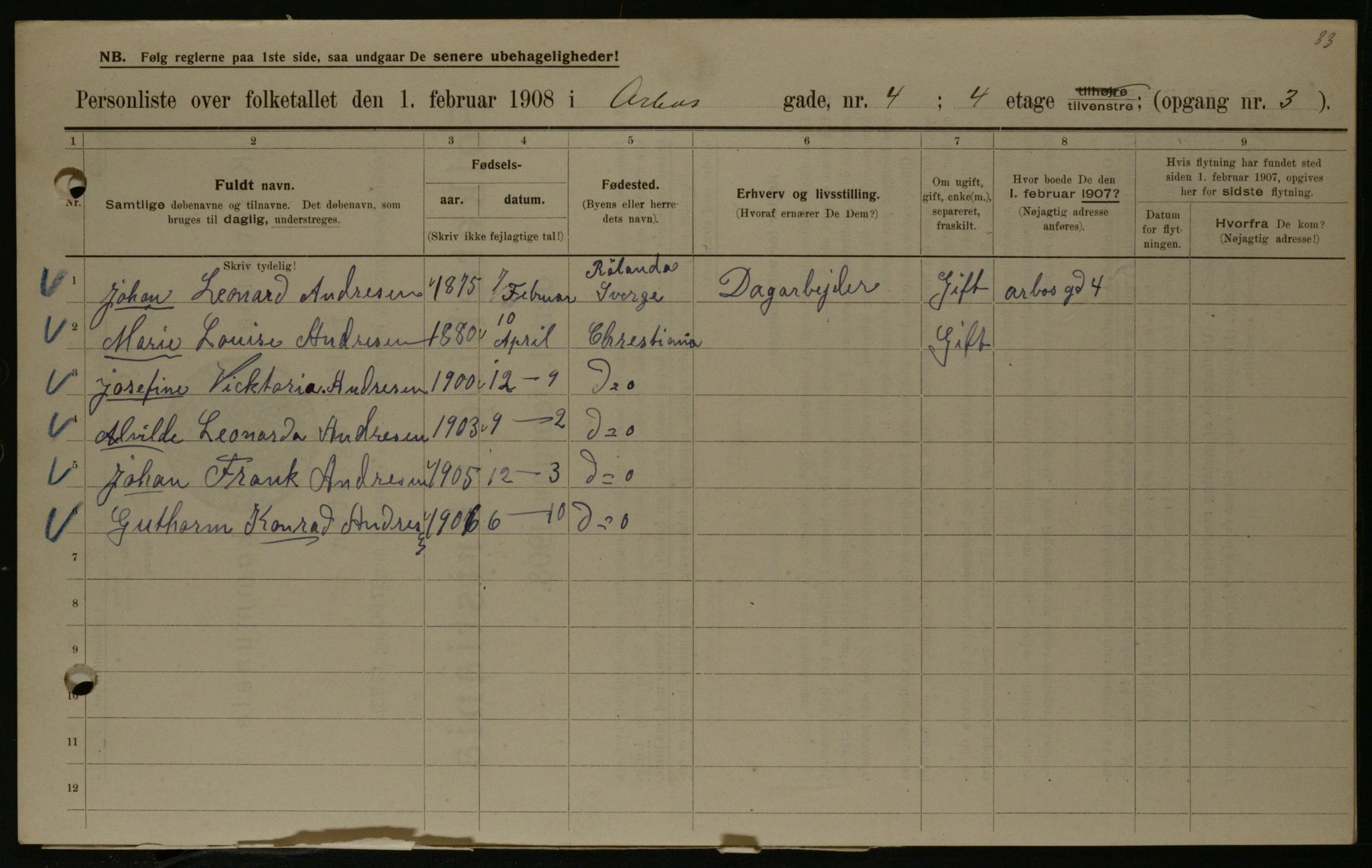 OBA, Municipal Census 1908 for Kristiania, 1908, p. 2106