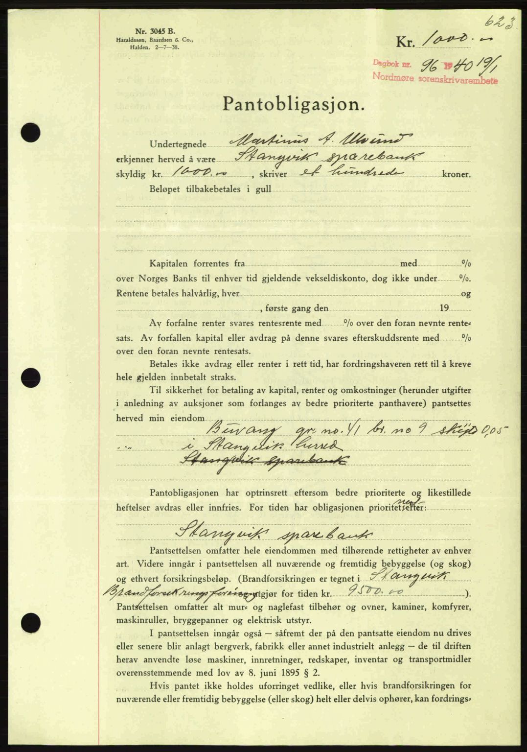 Nordmøre sorenskriveri, AV/SAT-A-4132/1/2/2Ca: Mortgage book no. B86, 1939-1940, Diary no: : 96/1940