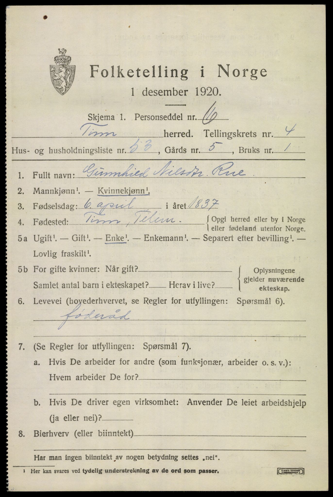 SAKO, 1920 census for Tinn, 1920, p. 4346