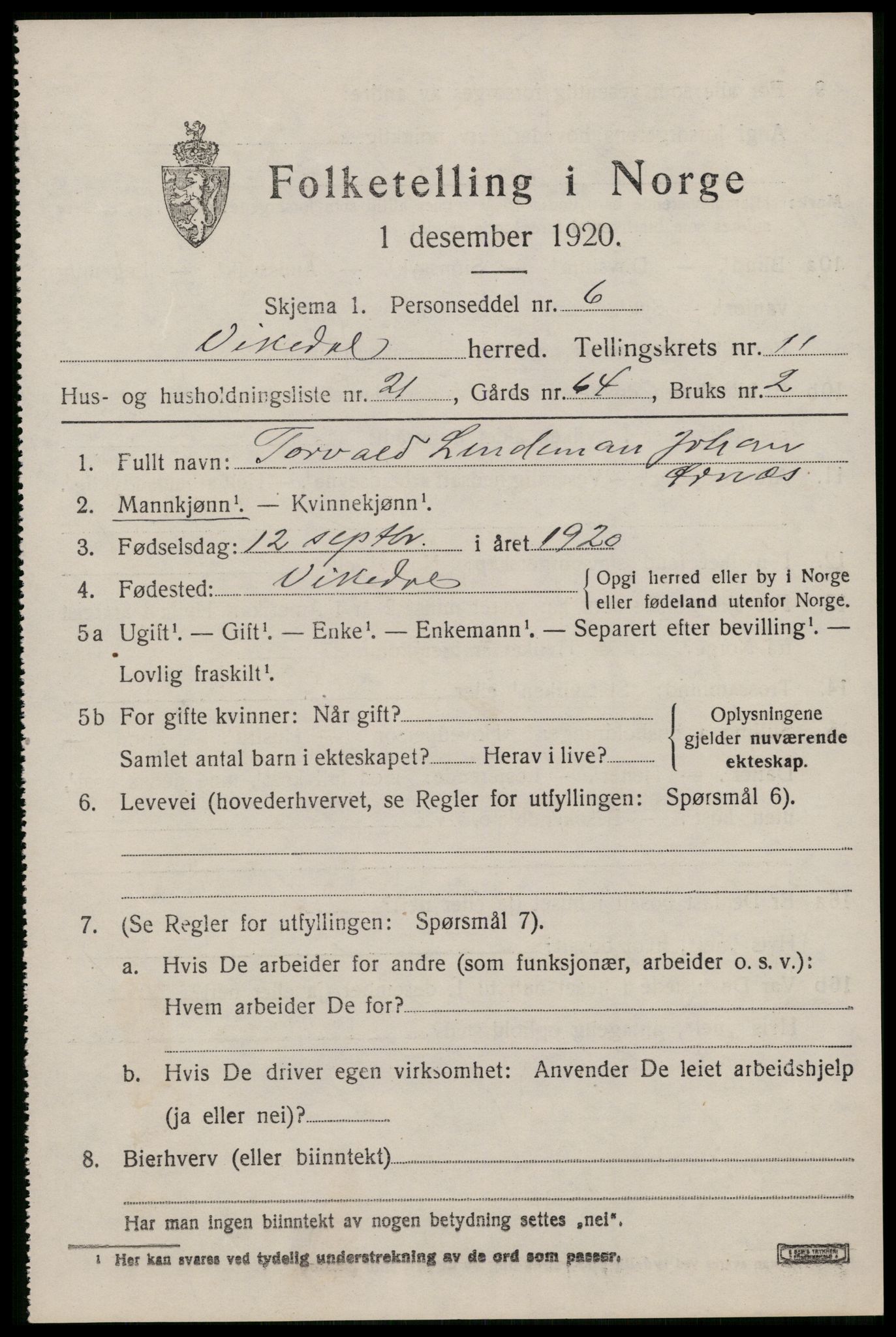 SAST, 1920 census for Vikedal, 1920, p. 3751