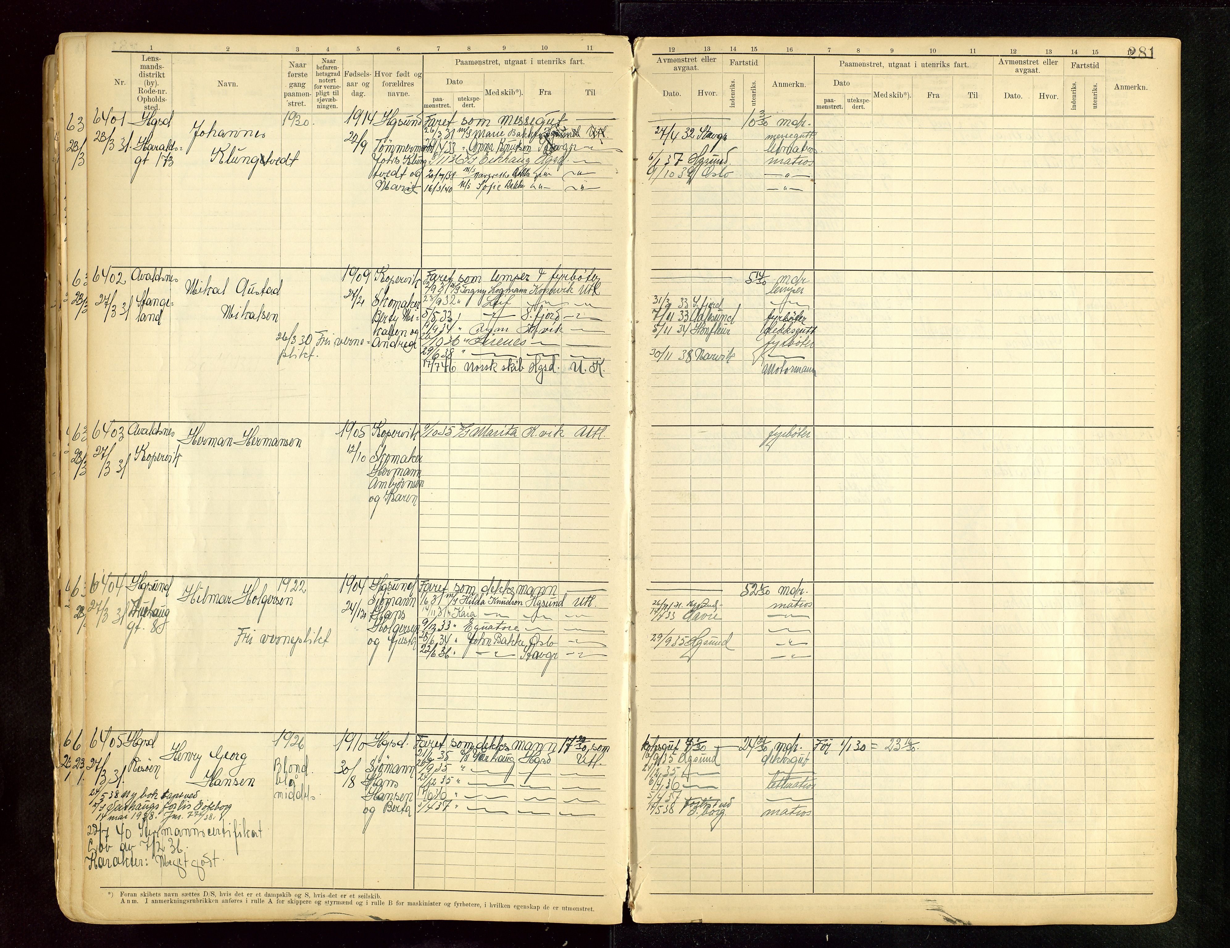 Haugesund sjømannskontor, SAST/A-102007/F/Fb/Fbb/L0015: Sjøfartsrulle A Haugesund krets I nr 5001-8970, 1912-1948, p. 281
