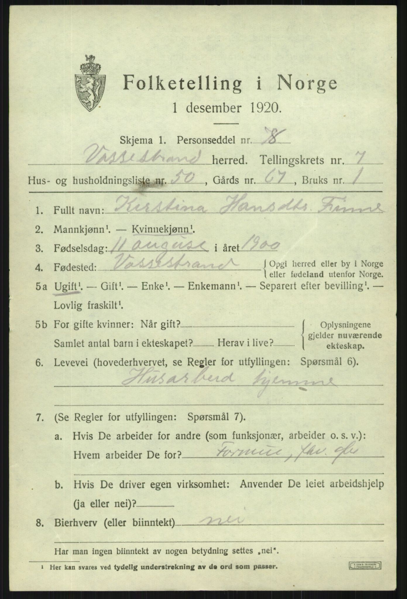 SAB, 1920 census for Vossestrand, 1920, p. 3512