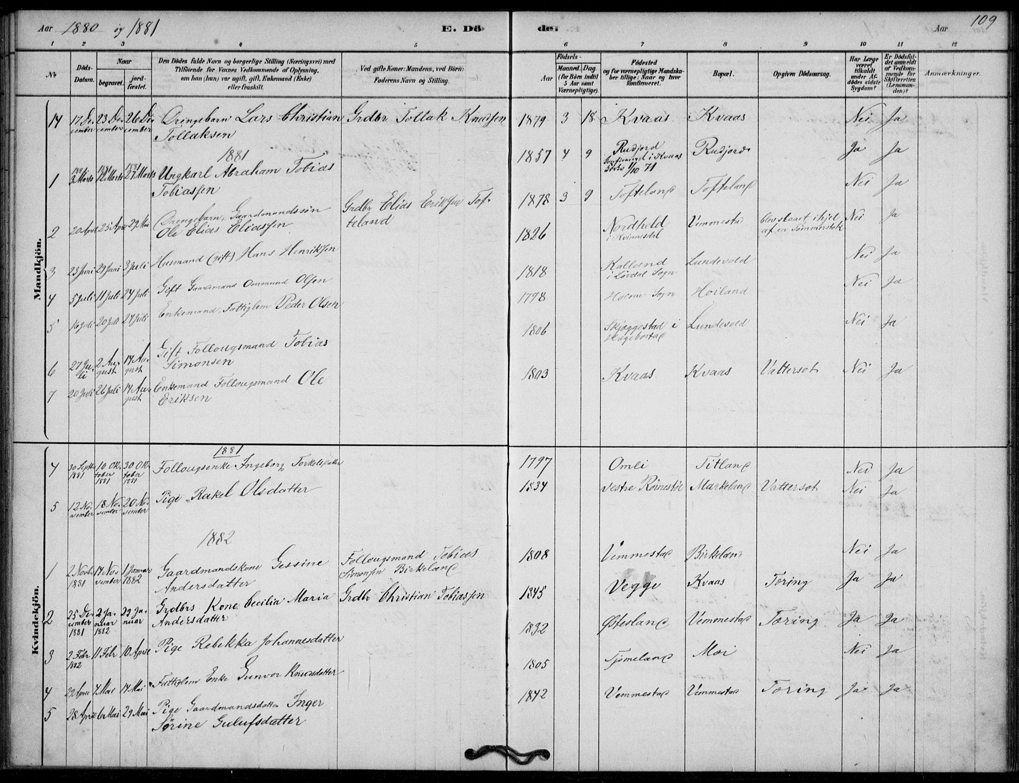 Lyngdal sokneprestkontor, SAK/1111-0029/F/Fa/Fab/L0003: Parish register (official) no. A 3, 1878-1903, p. 109