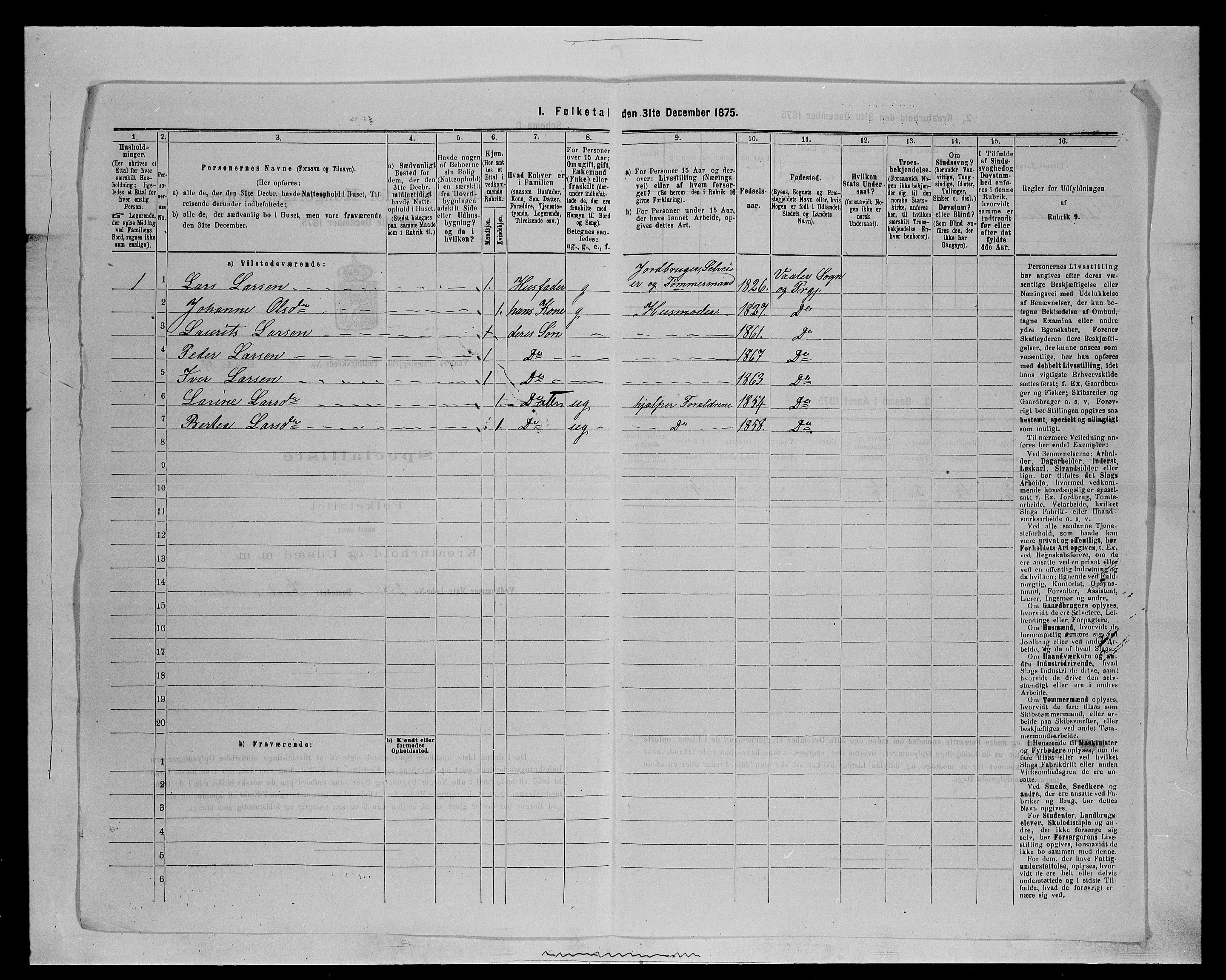 SAH, 1875 census for 0426P Våler parish (Hedmark), 1875, p. 1280