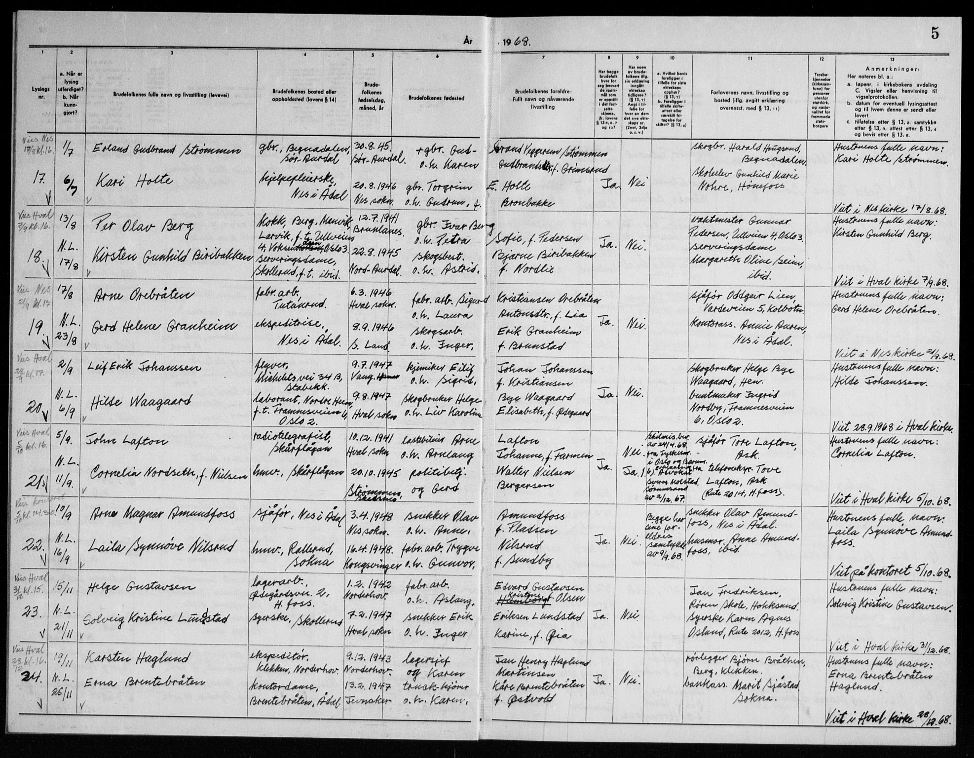 Ådal kirkebøker, AV/SAKO-A-248/H/Ha/L0002: Banns register no. 2, 1967-1969, p. 5