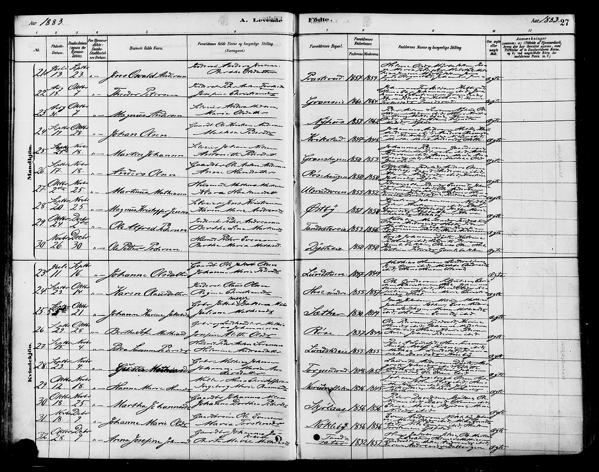 Vestre Toten prestekontor, AV/SAH-PREST-108/H/Ha/Haa/L0010: Parish register (official) no. 10, 1878-1894, p. 27