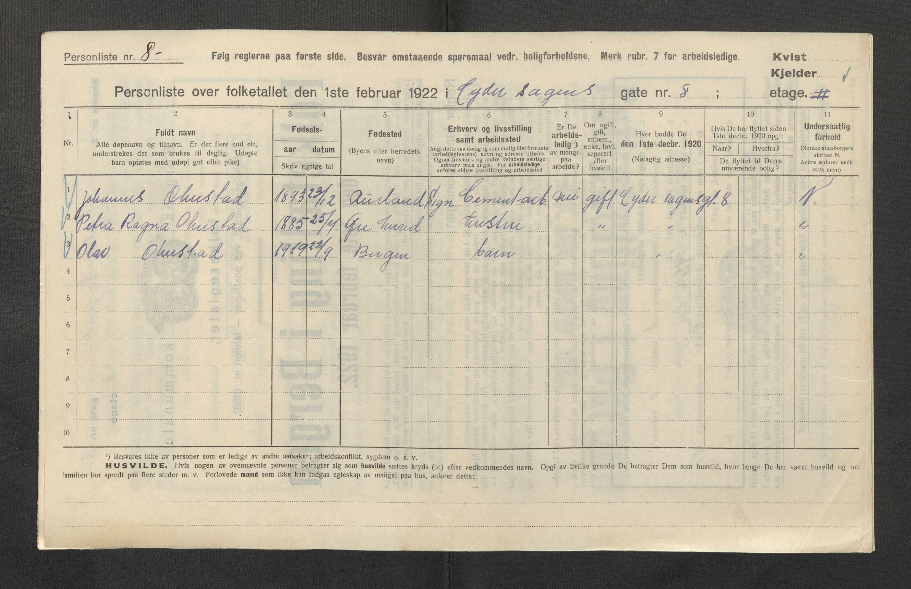 SAB, Municipal Census 1922 for Bergen, 1922, p. 22903