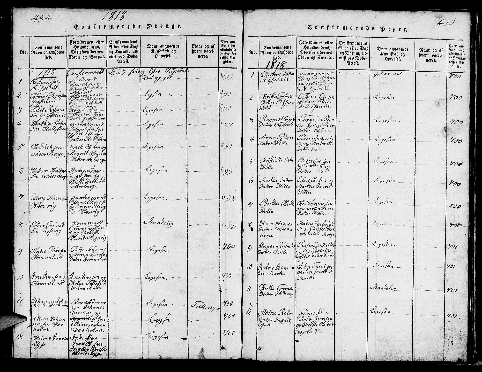 Strand sokneprestkontor, SAST/A-101828/H/Ha/Hab/L0002: Parish register (copy) no. B 2, 1816-1854, p. 494-495