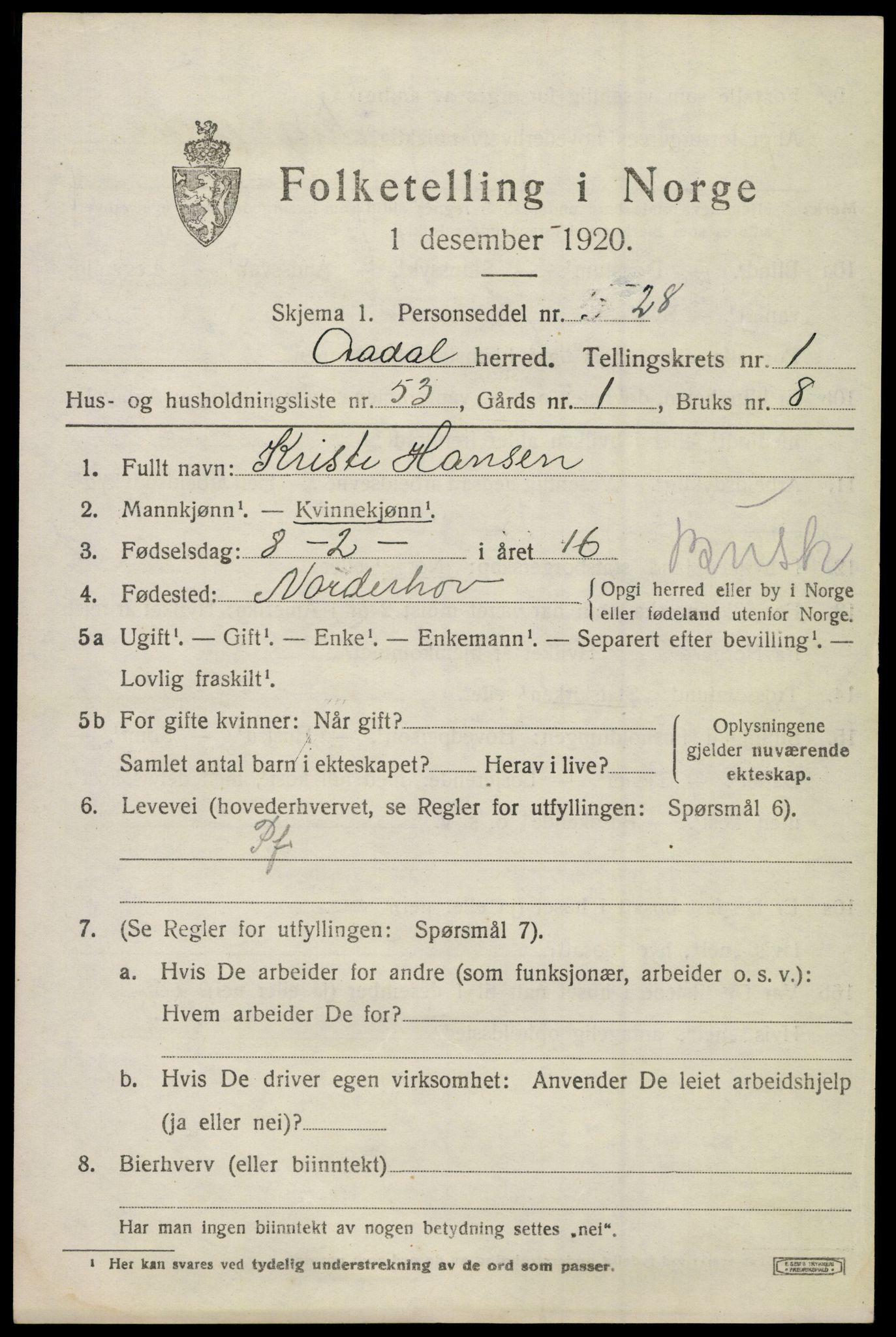 SAKO, 1920 census for Ådal, 1920, p. 2040