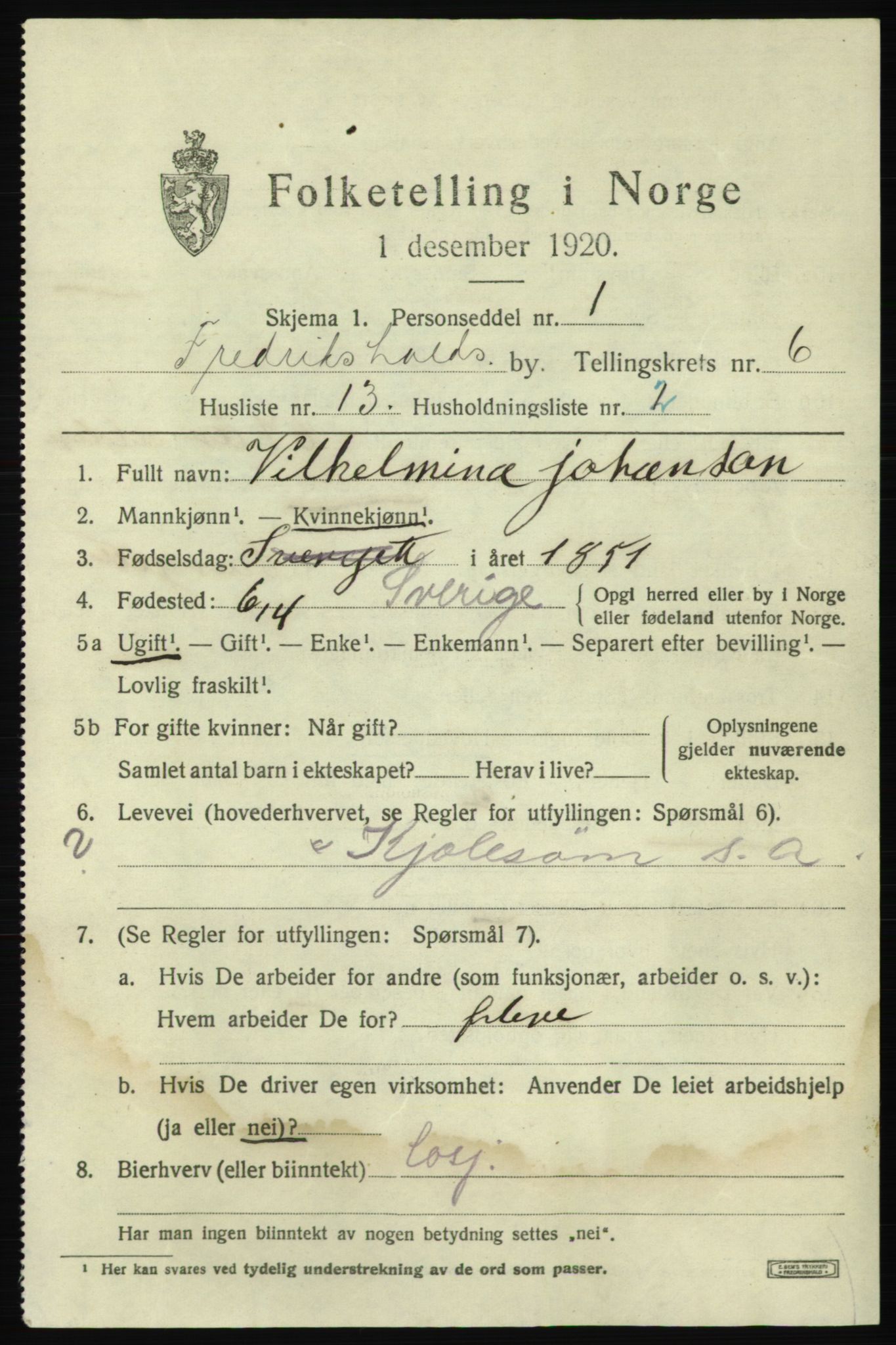 SAO, 1920 census for Fredrikshald, 1920, p. 13252