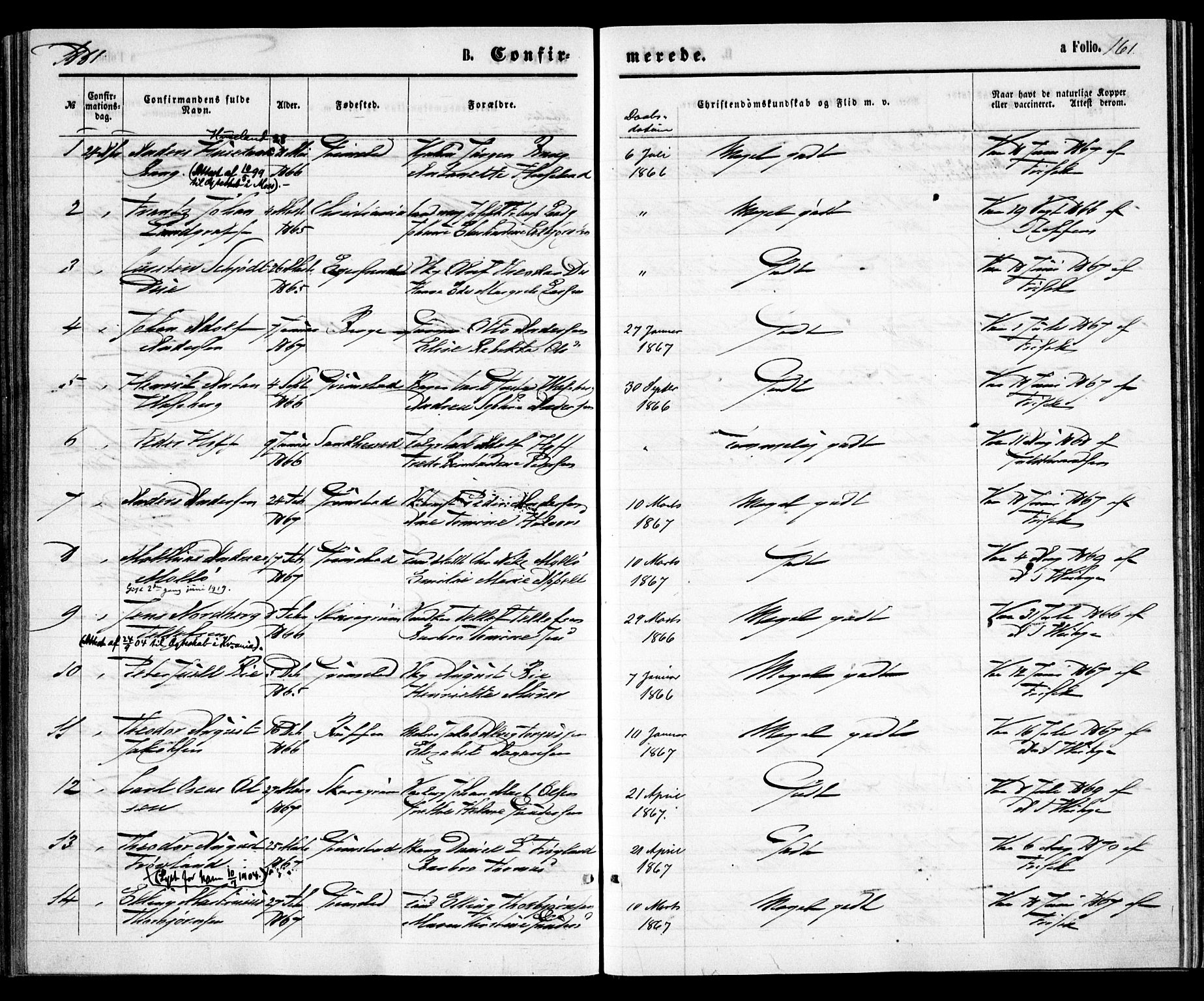 Grimstad sokneprestkontor, AV/SAK-1111-0017/F/Fa/L0002: Parish register (official) no. A 1, 1869-1881, p. 161