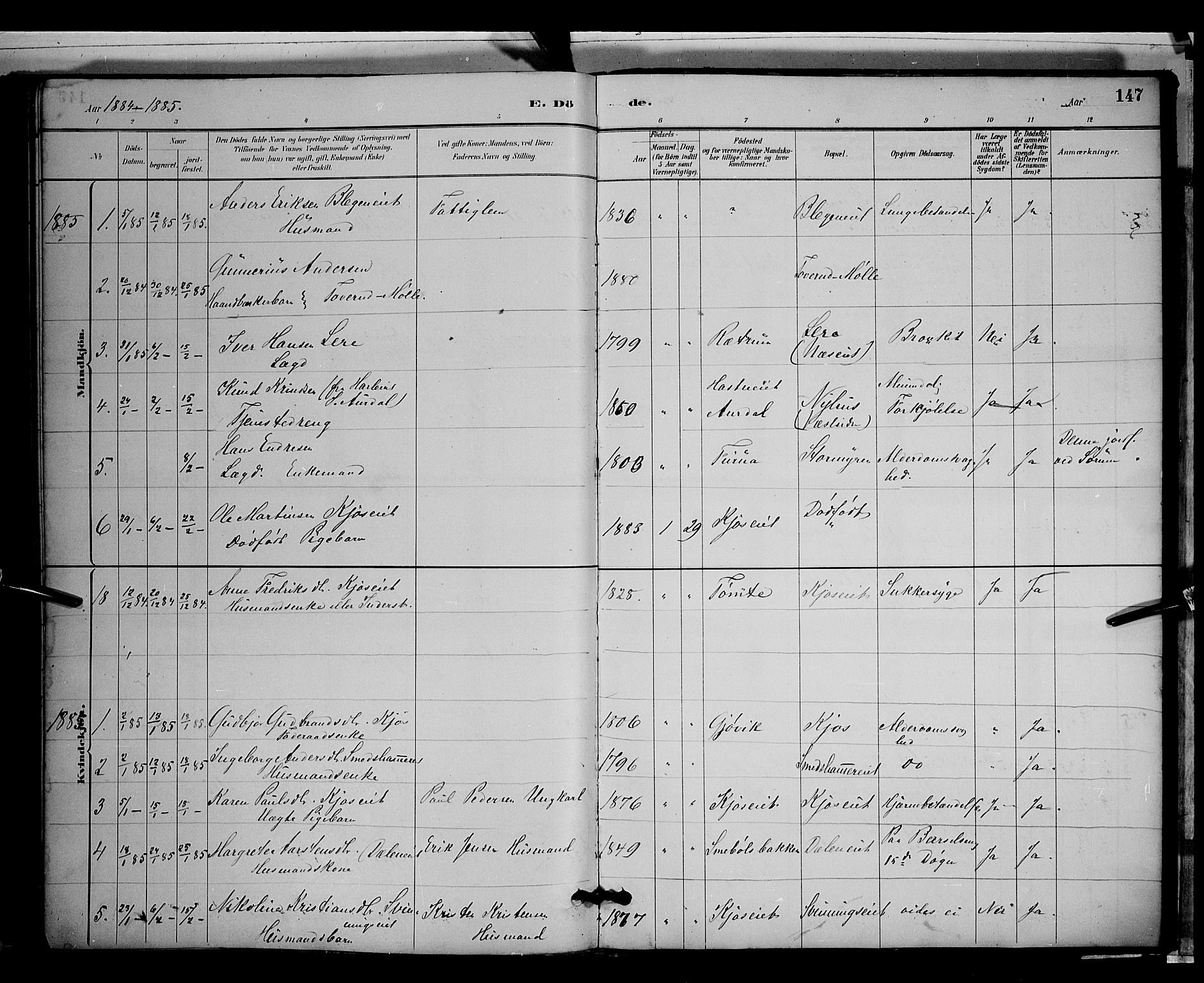 Gran prestekontor, SAH/PREST-112/H/Ha/Hab/L0003: Parish register (copy) no. 3, 1882-1890, p. 147