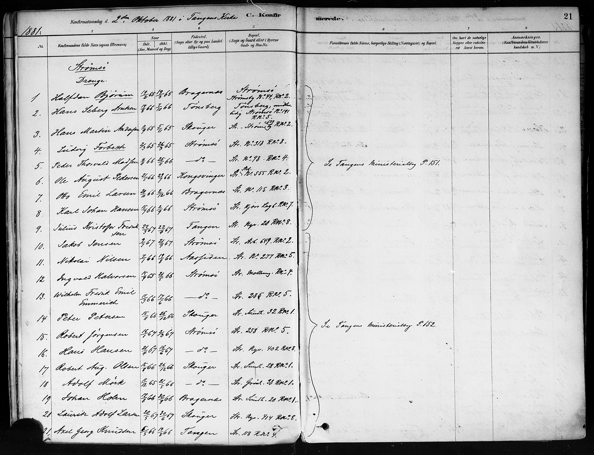 Strømsø kirkebøker, AV/SAKO-A-246/F/Fa/L0022: Parish register (official) no. I 22, 1879-1899, p. 21