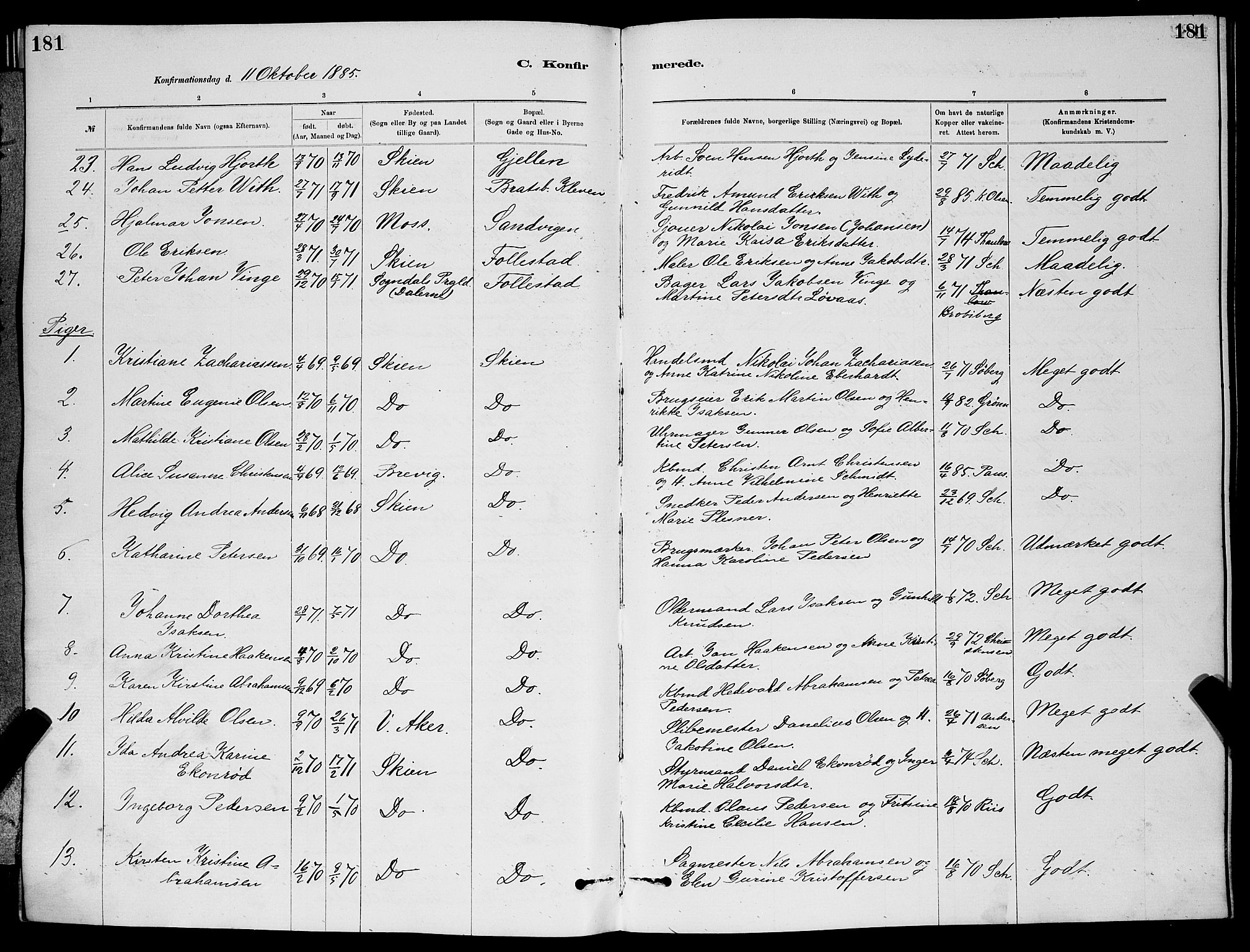 Skien kirkebøker, SAKO/A-302/G/Ga/L0006: Parish register (copy) no. 6, 1881-1890, p. 181