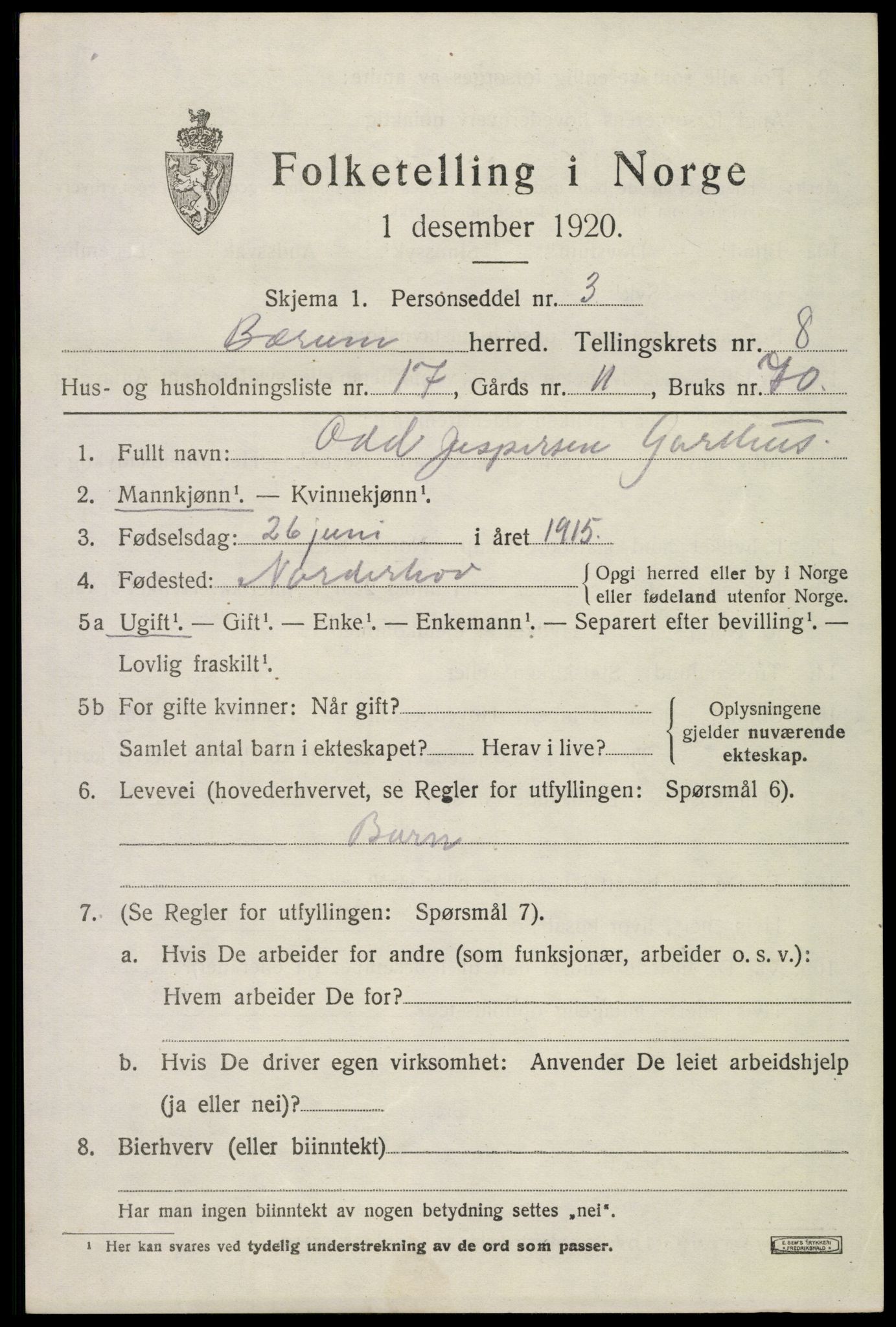 SAO, 1920 census for Bærum, 1920, p. 18500