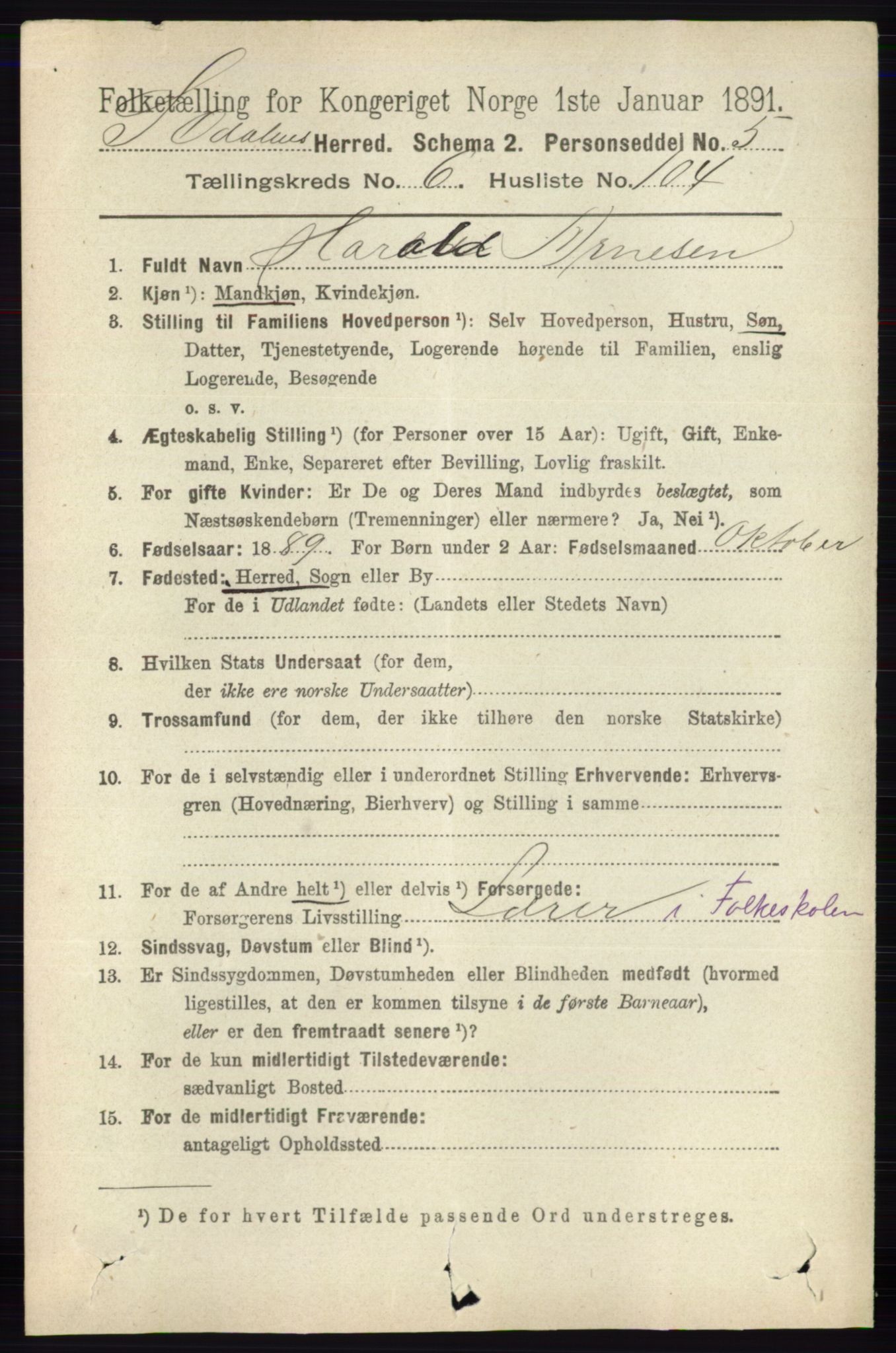 RA, 1891 census for 0419 Sør-Odal, 1891, p. 3488