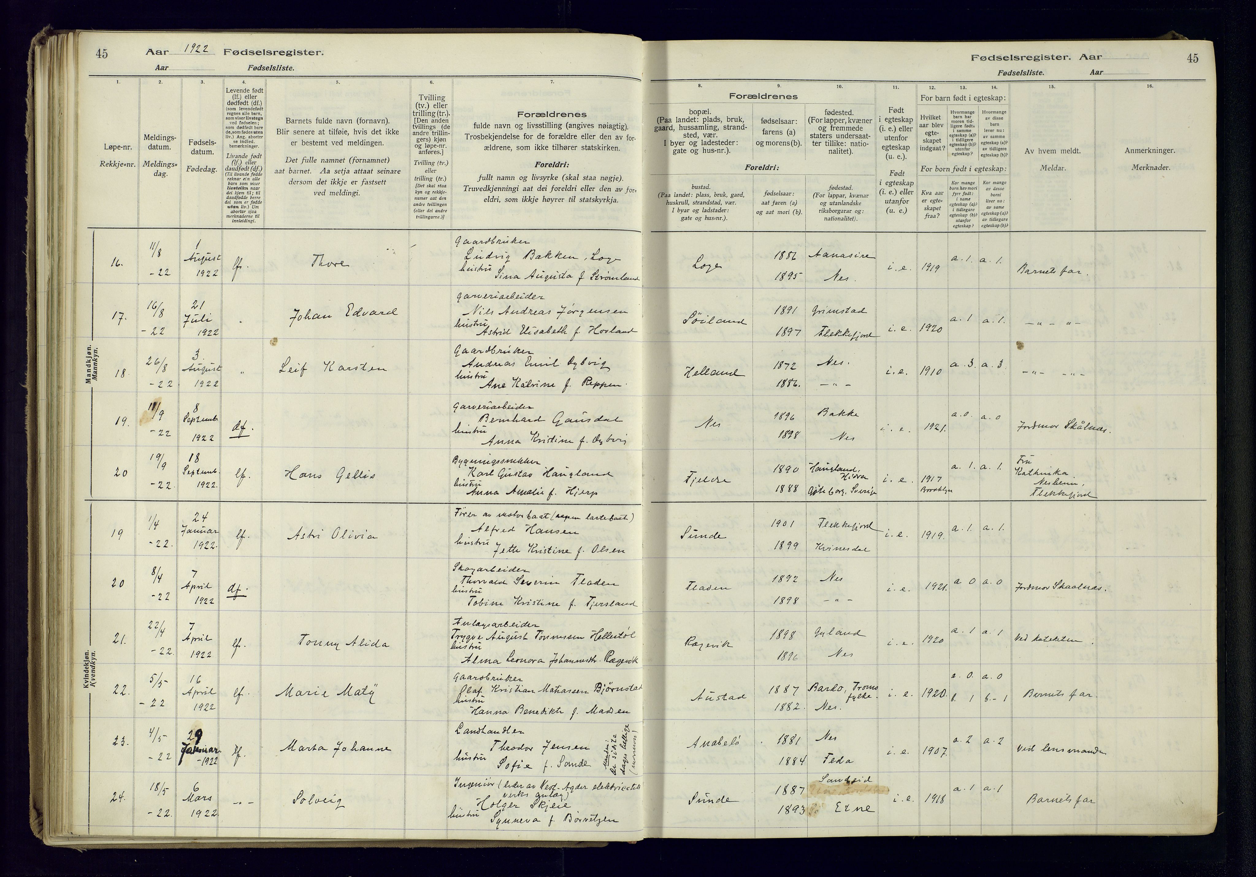 Flekkefjord sokneprestkontor, AV/SAK-1111-0012/J/Ja/L0005: Birth register no. 5, 1916-1950, p. 45