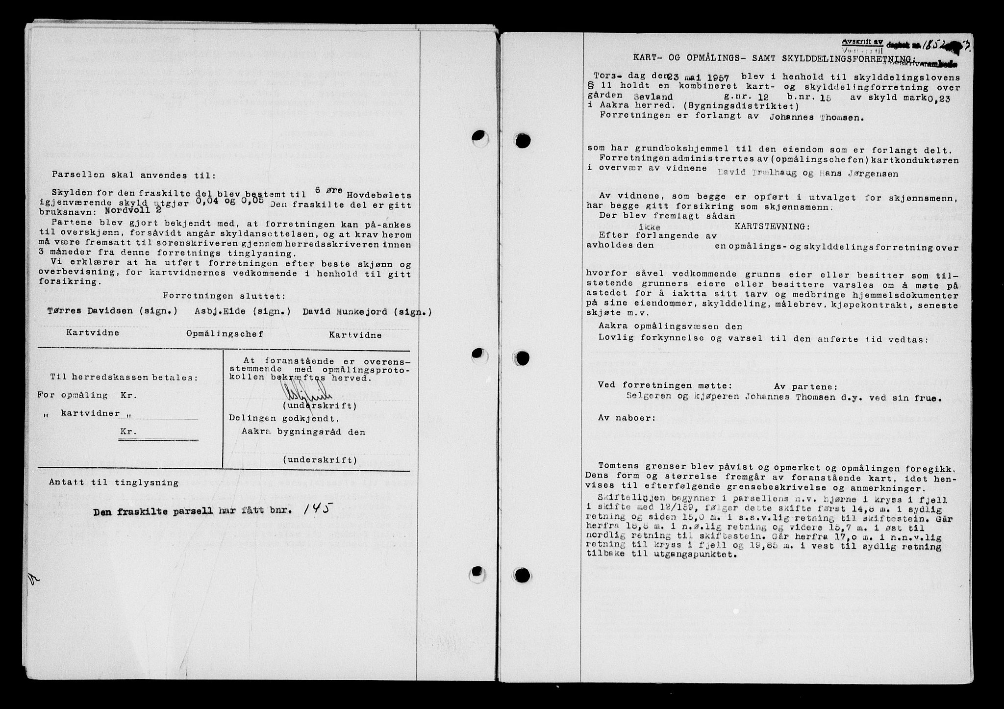 Karmsund sorenskriveri, AV/SAST-A-100311/01/II/IIB/L0125: Mortgage book no. 105A, 1957-1957, Diary no: : 1852/1957