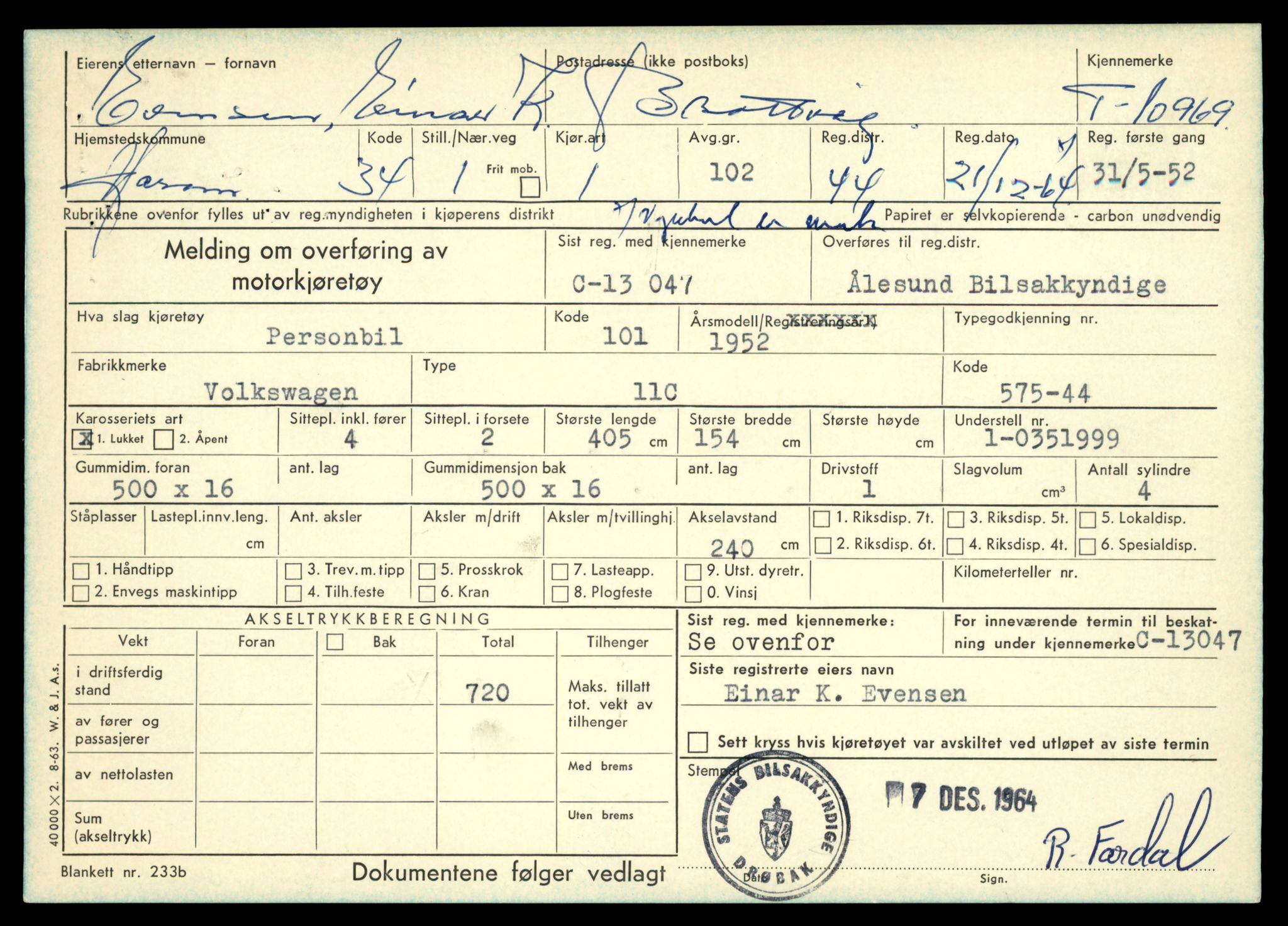 Møre og Romsdal vegkontor - Ålesund trafikkstasjon, AV/SAT-A-4099/F/Fe/L0025: Registreringskort for kjøretøy T 10931 - T 11045, 1927-1998, p. 1095