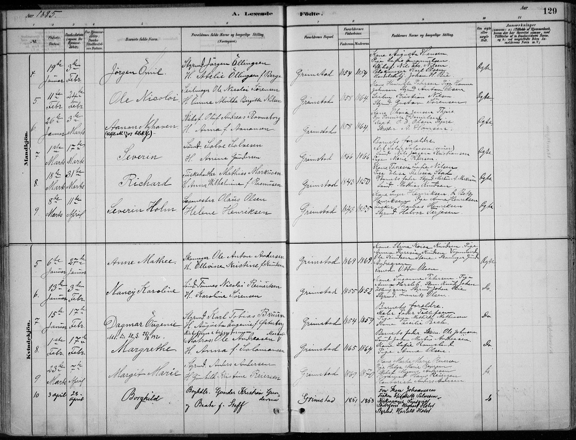 Grimstad sokneprestkontor, AV/SAK-1111-0017/F/Fa/L0003: Parish register (official) no. A 2, 1882-1912, p. 129