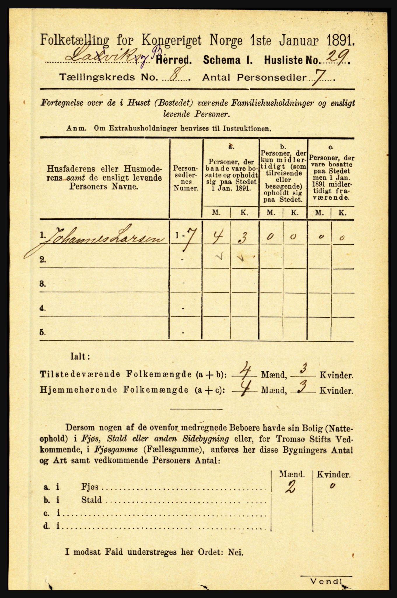 RA, 1891 census for 1415 Lavik og Brekke, 1891, p. 1491