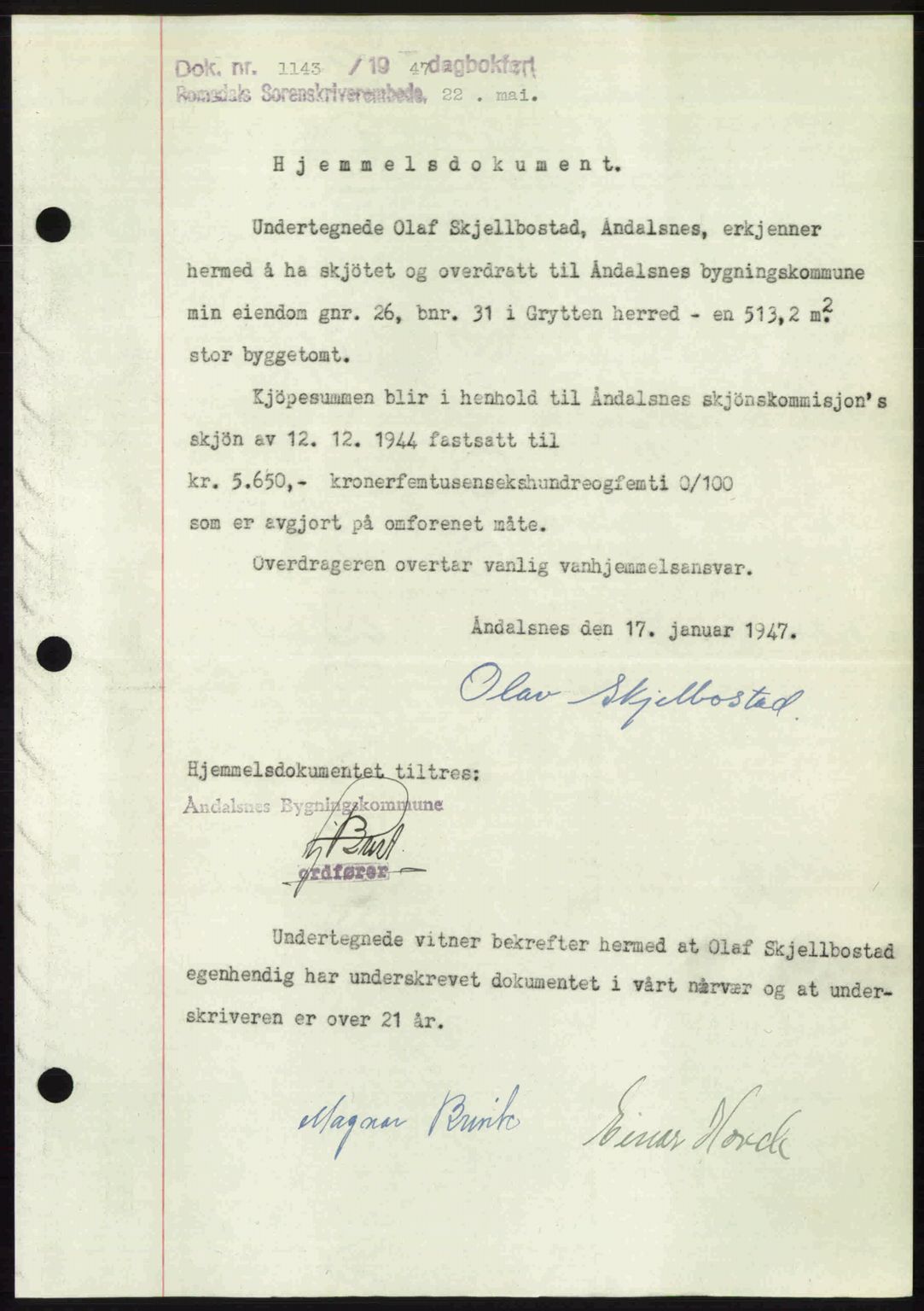 Romsdal sorenskriveri, AV/SAT-A-4149/1/2/2C: Mortgage book no. A23, 1947-1947, Diary no: : 1143/1947