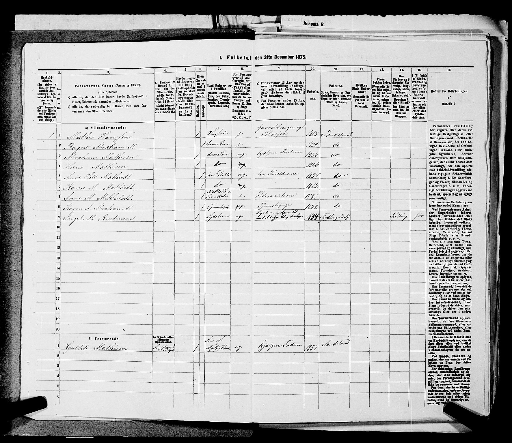 SAKO, 1875 census for 0724L Sandeherred/Sandeherred, 1875, p. 1117