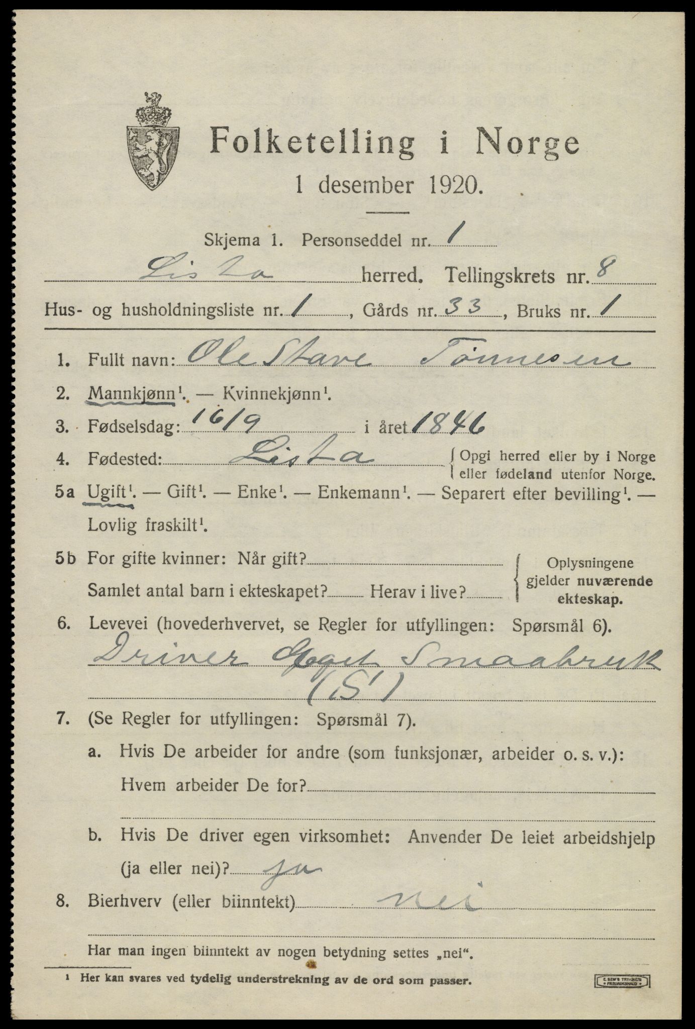 SAK, 1920 census for Lista, 1920, p. 7811