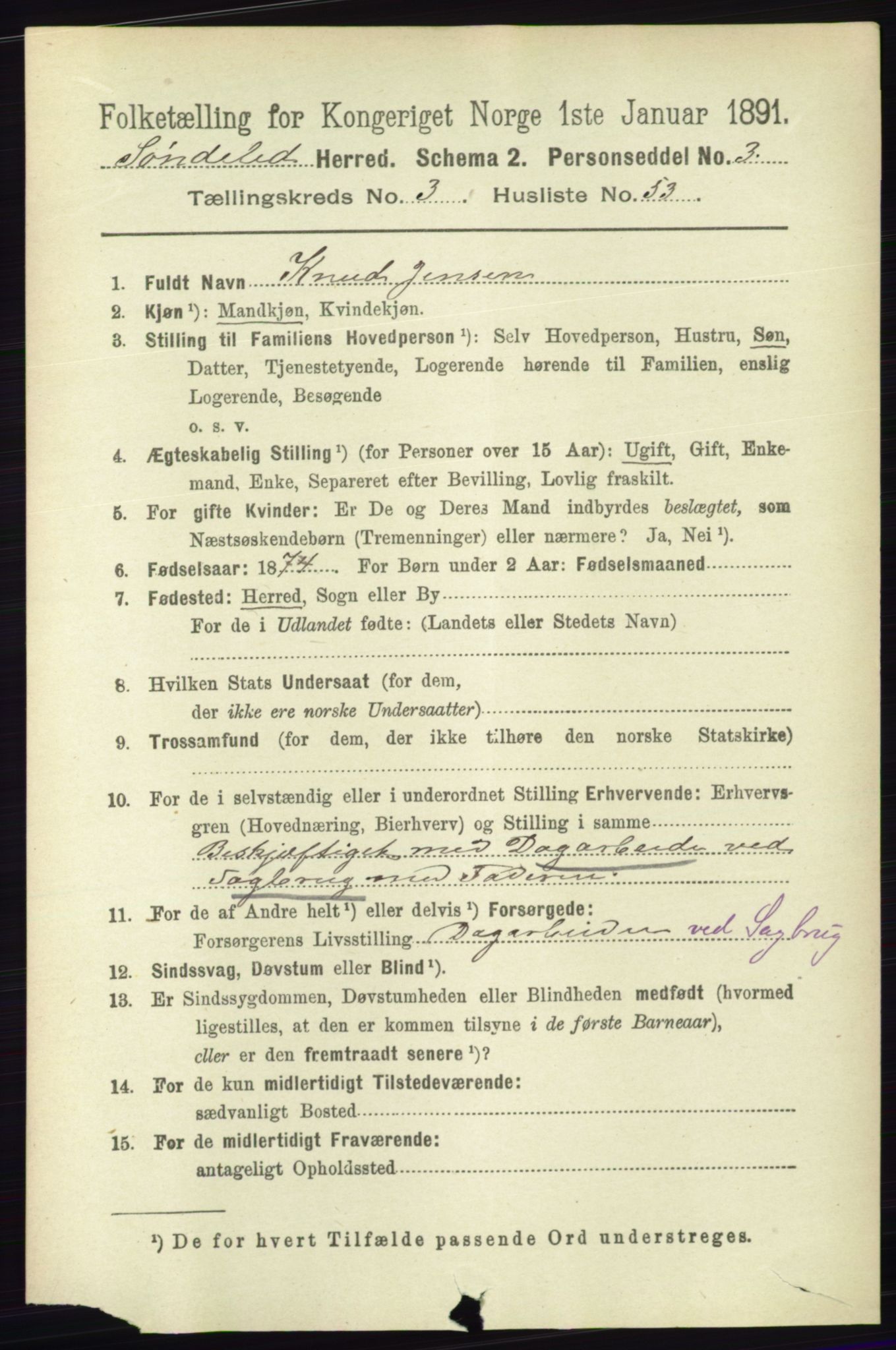 RA, 1891 census for 0913 Søndeled, 1891, p. 871